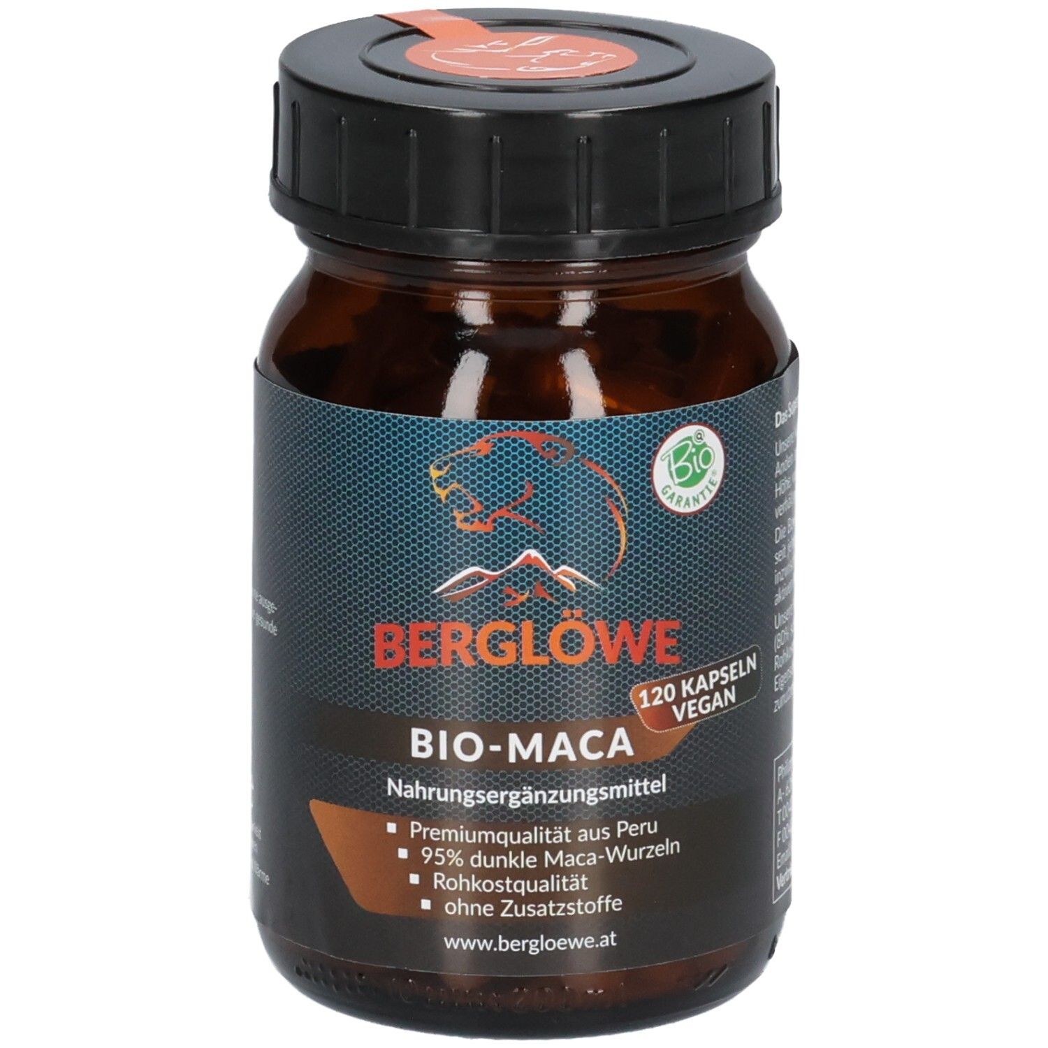 Braune Glasflasche mit schwarzem Deckel. Etikett mit Berglöwe-Logo und Schriftzug BIO-MACA. 120 Kapseln, vegan.