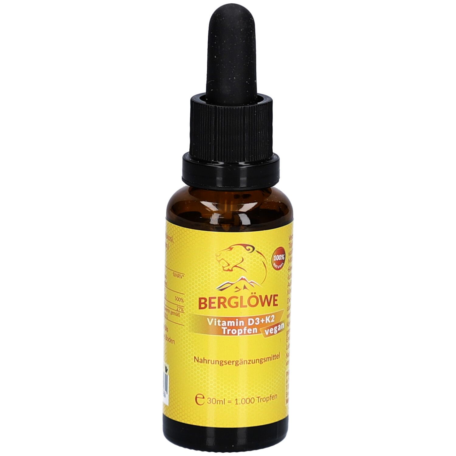 Braune Glasflasche mit schwarzem Verschluss und Pipette. Gelbes Etikett mit Produktbezeichnung und Logo.