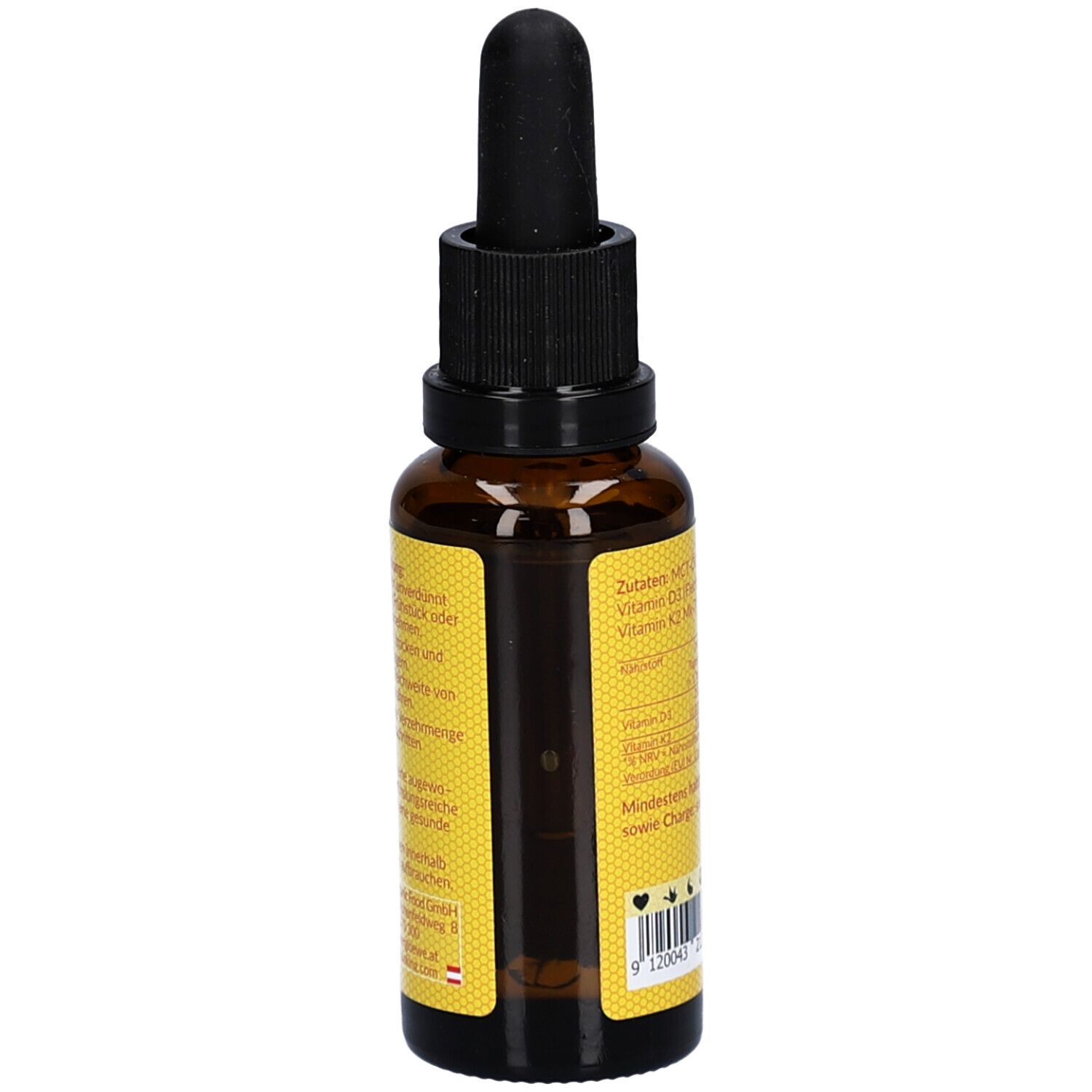 Braune Glasflasche mit gelbem Etikett. Auf dem Etikett sind Inhaltsstoffe und Nährwertangaben aufgeführt.