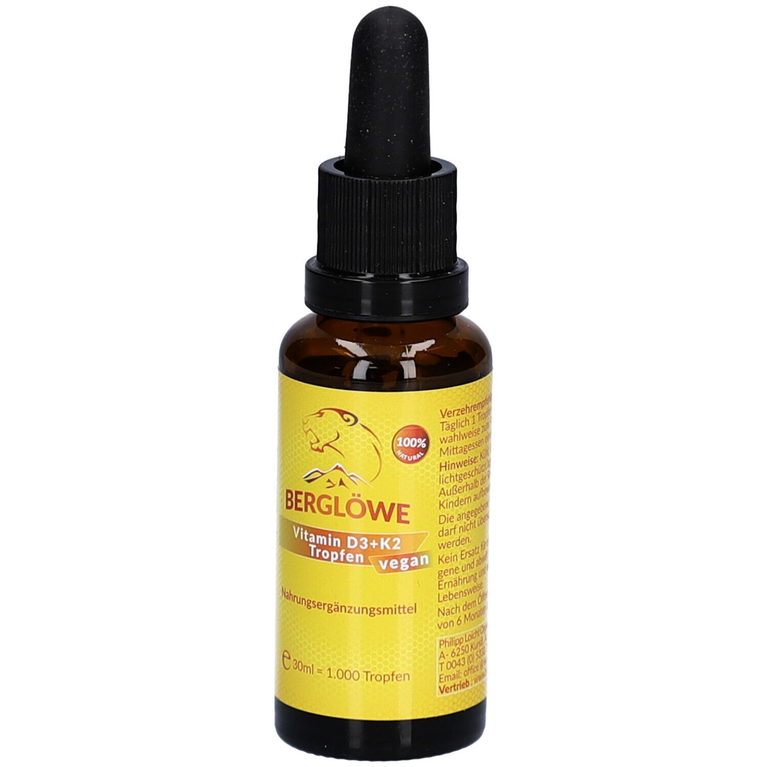 Braune Glasflasche mit gelbem Etikett. Auf dem Etikett sind Inhaltsstoffe und Nährwertangaben aufgeführt.