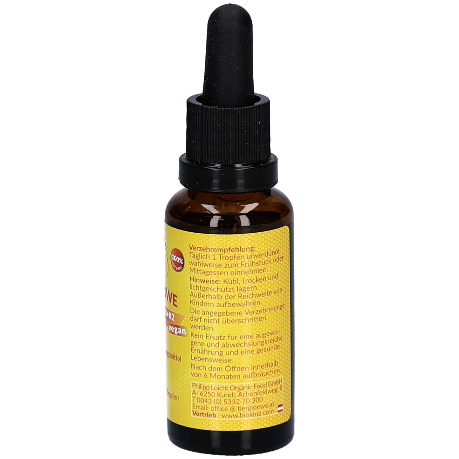 Braune Glasflasche mit gelbem Etikett. Auf dem Etikett sind Inhaltsstoffe und Nährwertangaben aufgeführt.