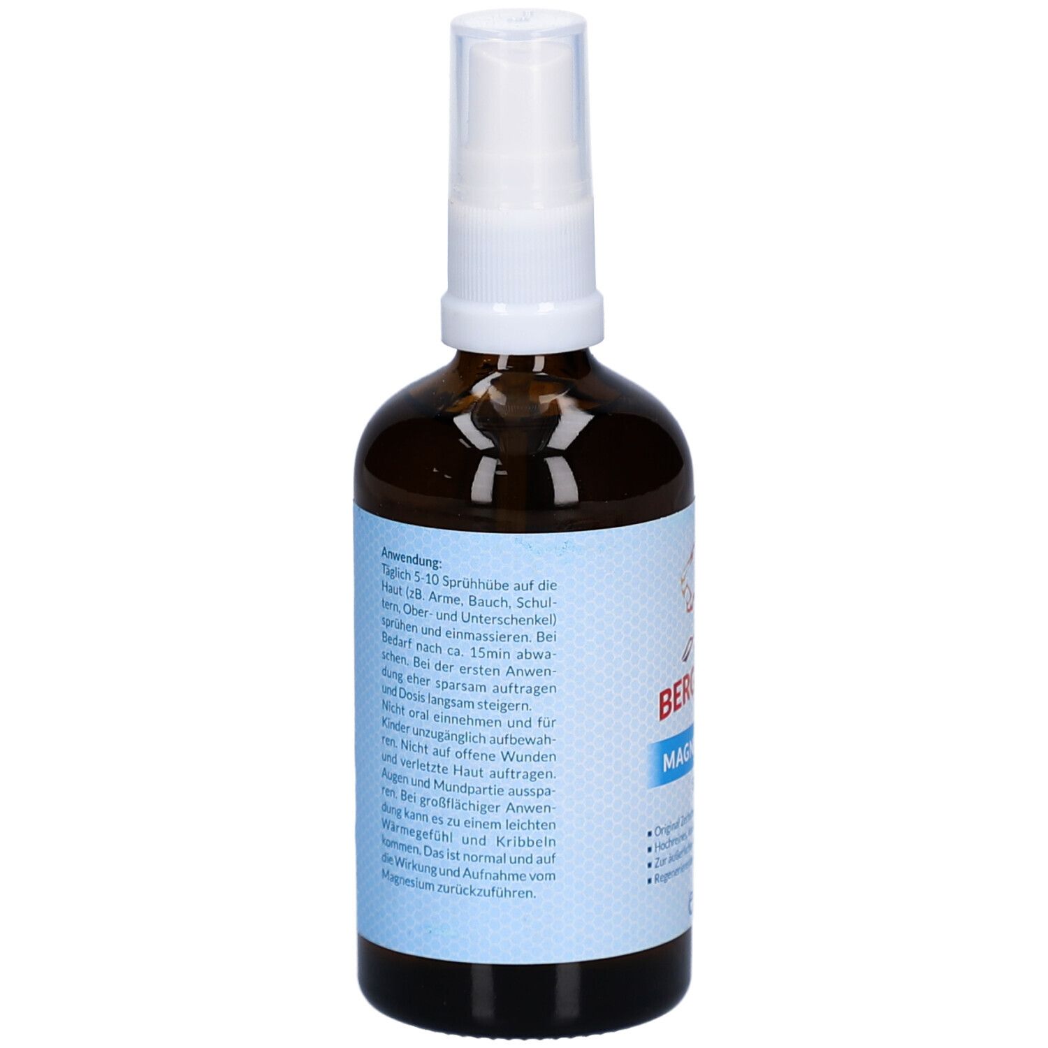 Dos d'un flacon en verre brun avec vaporisateur blanc. Étiquette avec instructions d'utilisation et ingrédients.