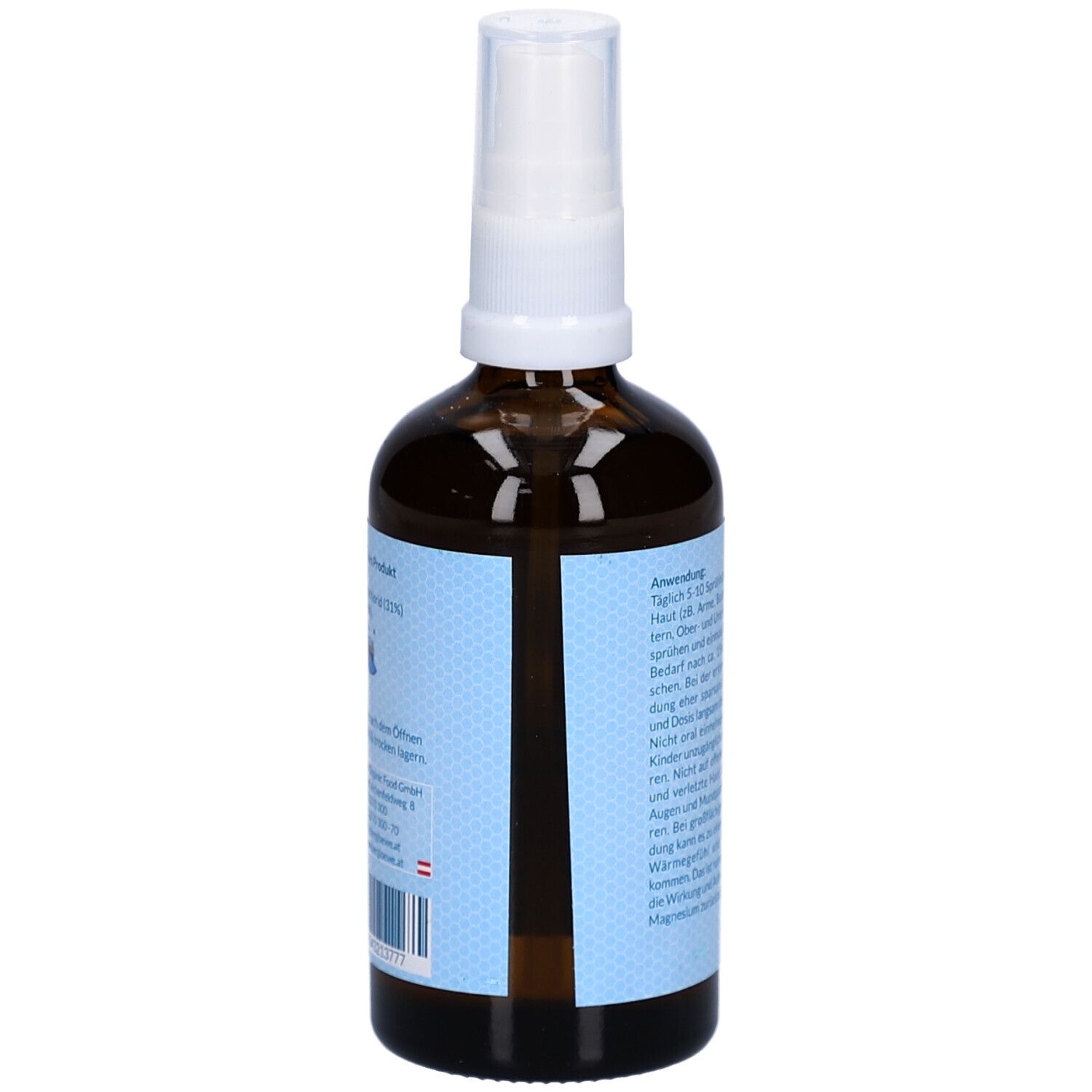 Vue latérale d'un flacon en verre brun avec vaporisateur blanc. Étiquette avec informations sur le produit et code-barres.