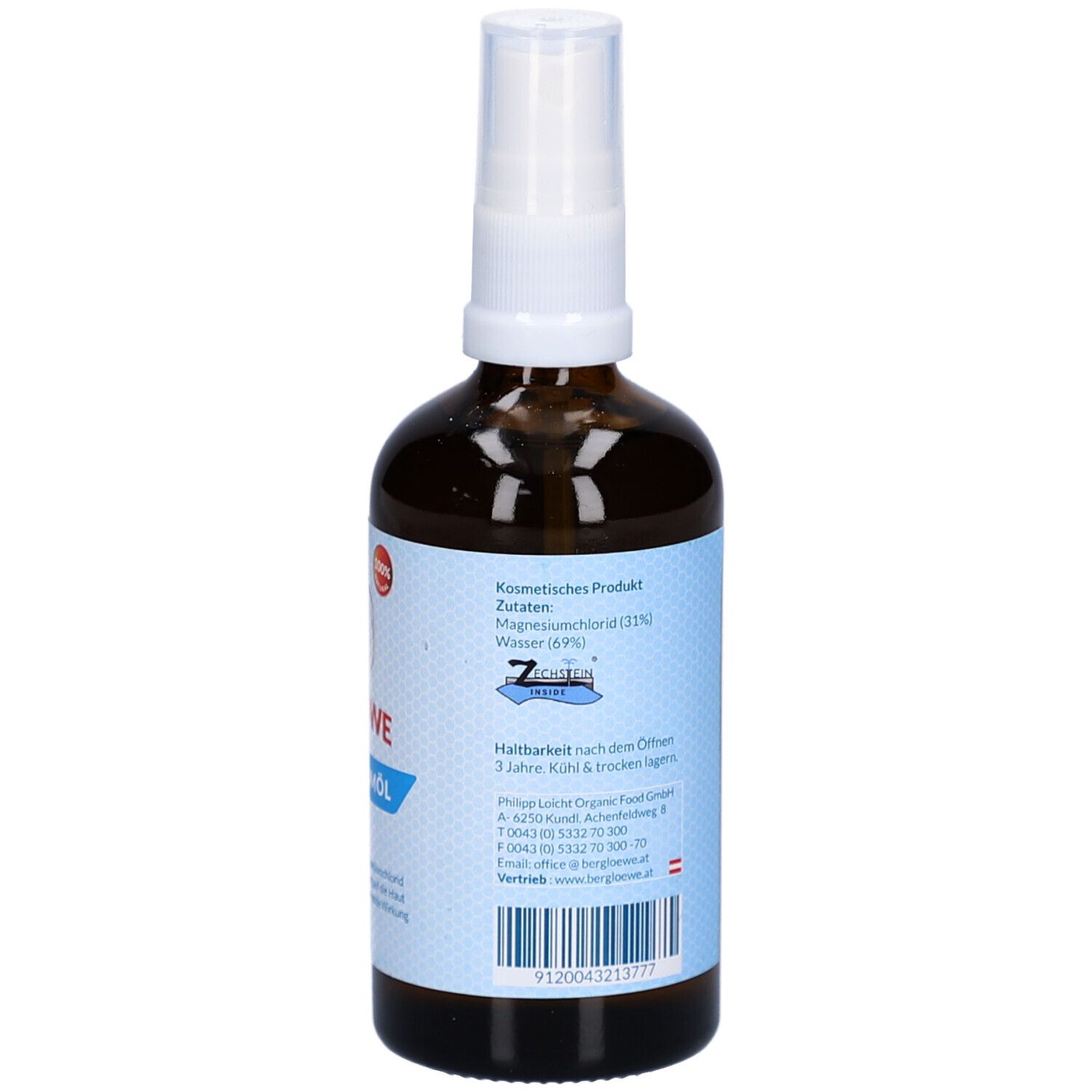 Dos d'un flacon en verre brun avec vaporisateur blanc. Étiquette avec ingrédients, durée de conservation et informations sur le fabricant.