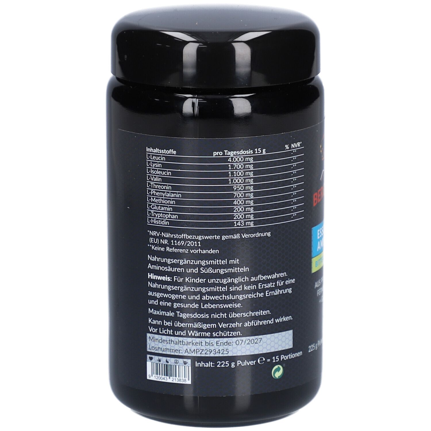 Schwarze Dose mit Produktetikett. Enthält eine Zutatenliste und Nährwertangaben. MHD: 07/2027. Herstellerinformationen.