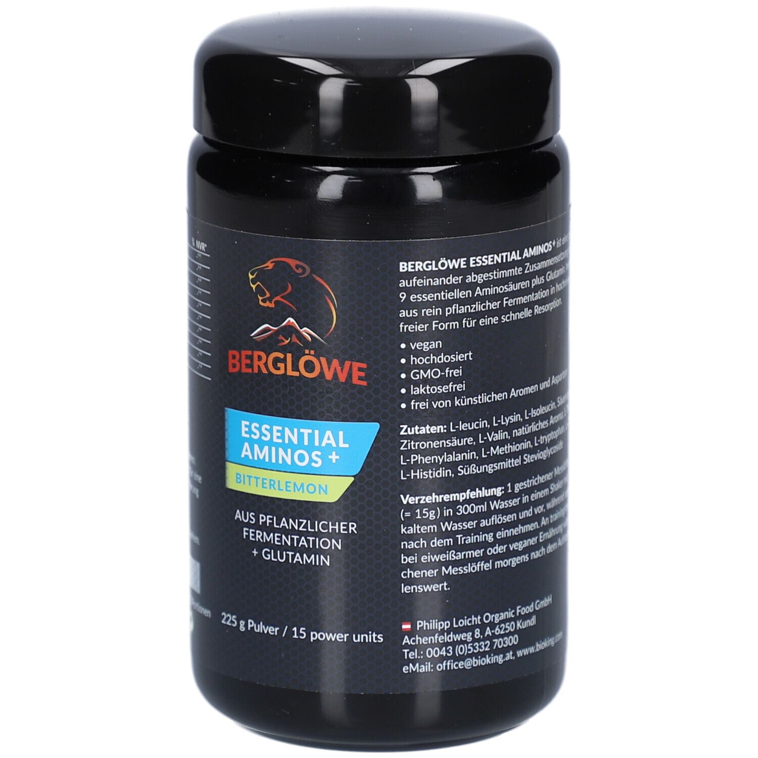 Schwarze Dose mit Produktetikett. Aufschrift: BERGLÖWE ESSENTIAL AMINOS Bitterlemon. Enthält 225 g Pulver. Mit Zutatenliste und Anwendungshinweisen.