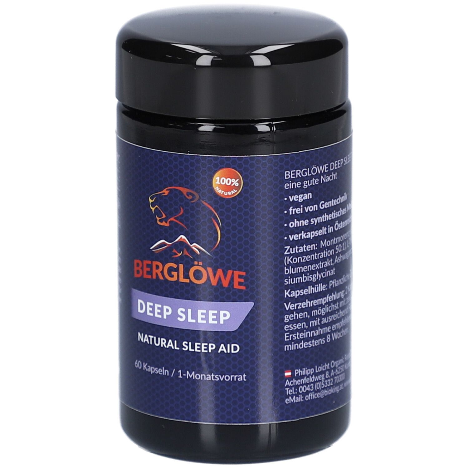 Dunkelblaue Dose mit schwarzem Deckel. Aufschrift: BERGLÖWE DEEP SLEEP Natural Sleep Aid. 60 Kapseln. Siegel: 100%.