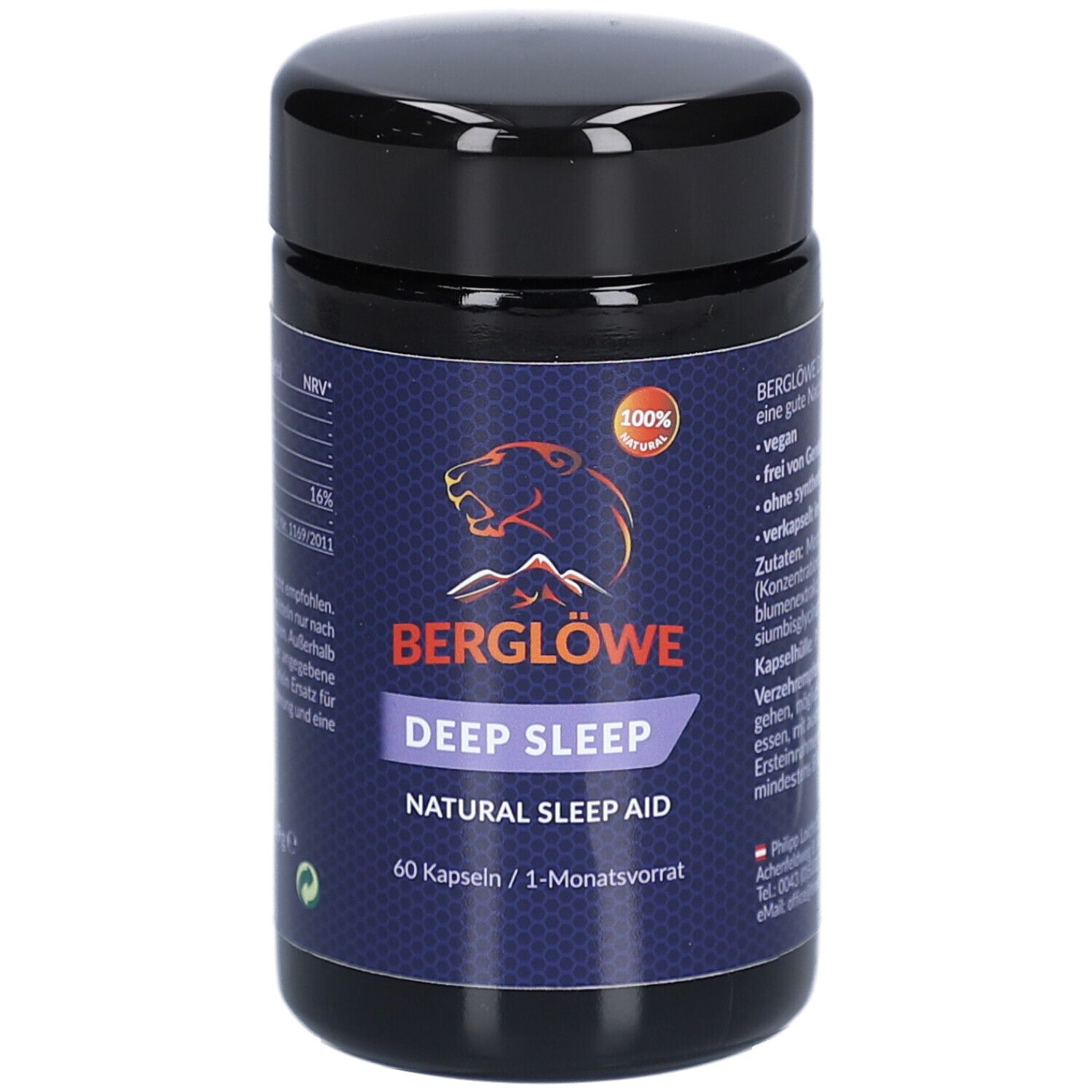 Dunkelblaue Dose mit schwarzem Deckel. Aufschrift: BERGLÖWE DEEP SLEEP Natural Sleep Aid. 60 Kapseln. Siegel: 100%.