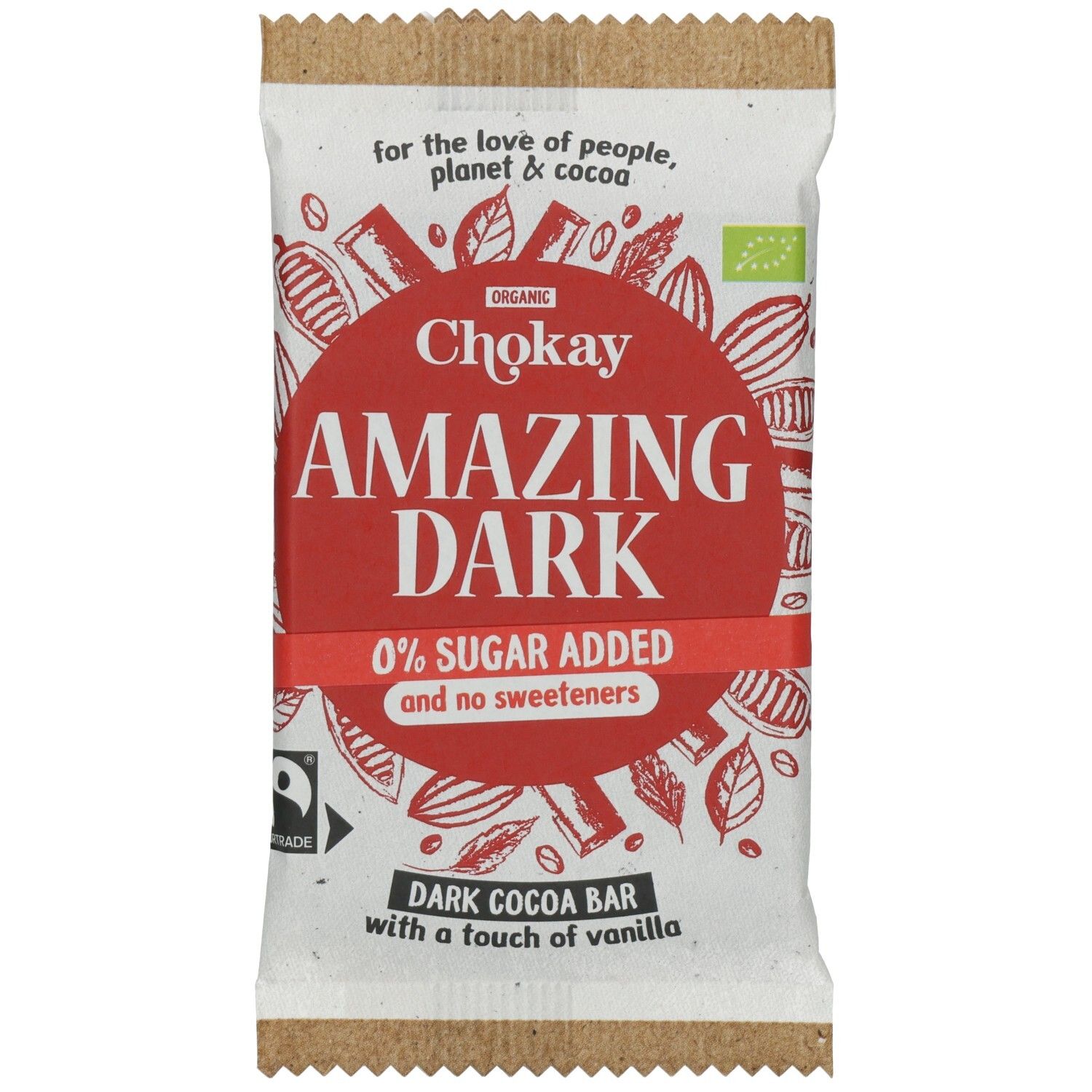 Emballage de barre chocolatée. Cercle rouge "Chokay AMAZING DARK". "0% sucre ajouté". Label bio. Logo Fairtrade.