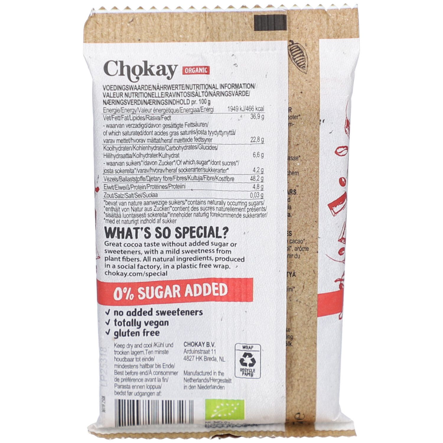 Dos de l'emballage de barre chocolatée. Texte avec informations nutritionnelles. "0% sucre ajouté". Vegan, sans gluten. Label bio.