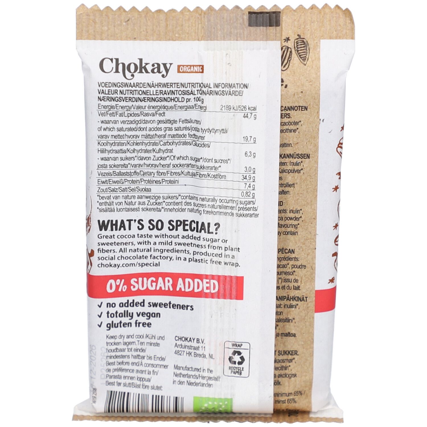 Dos de l'emballage de la barre Chokay Caramel Pecan. Texte avec informations nutritionnelles et ingrédients. 0% de sucre ajouté.