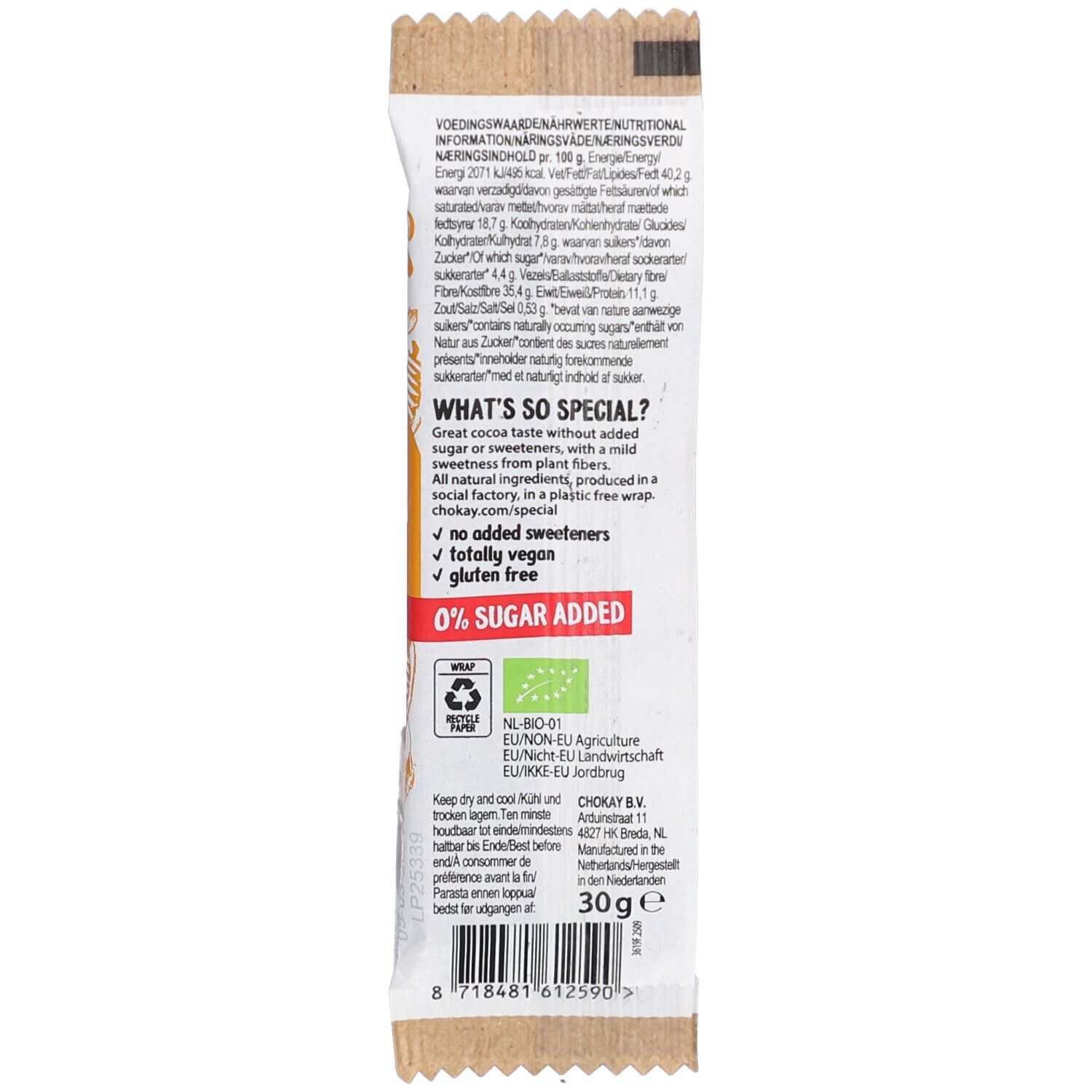 Dos de l'emballage de la barre. Texte avec informations nutritionnelles, ingrédients et certifications. 30g. Label bio. Sans gluten, vegan.