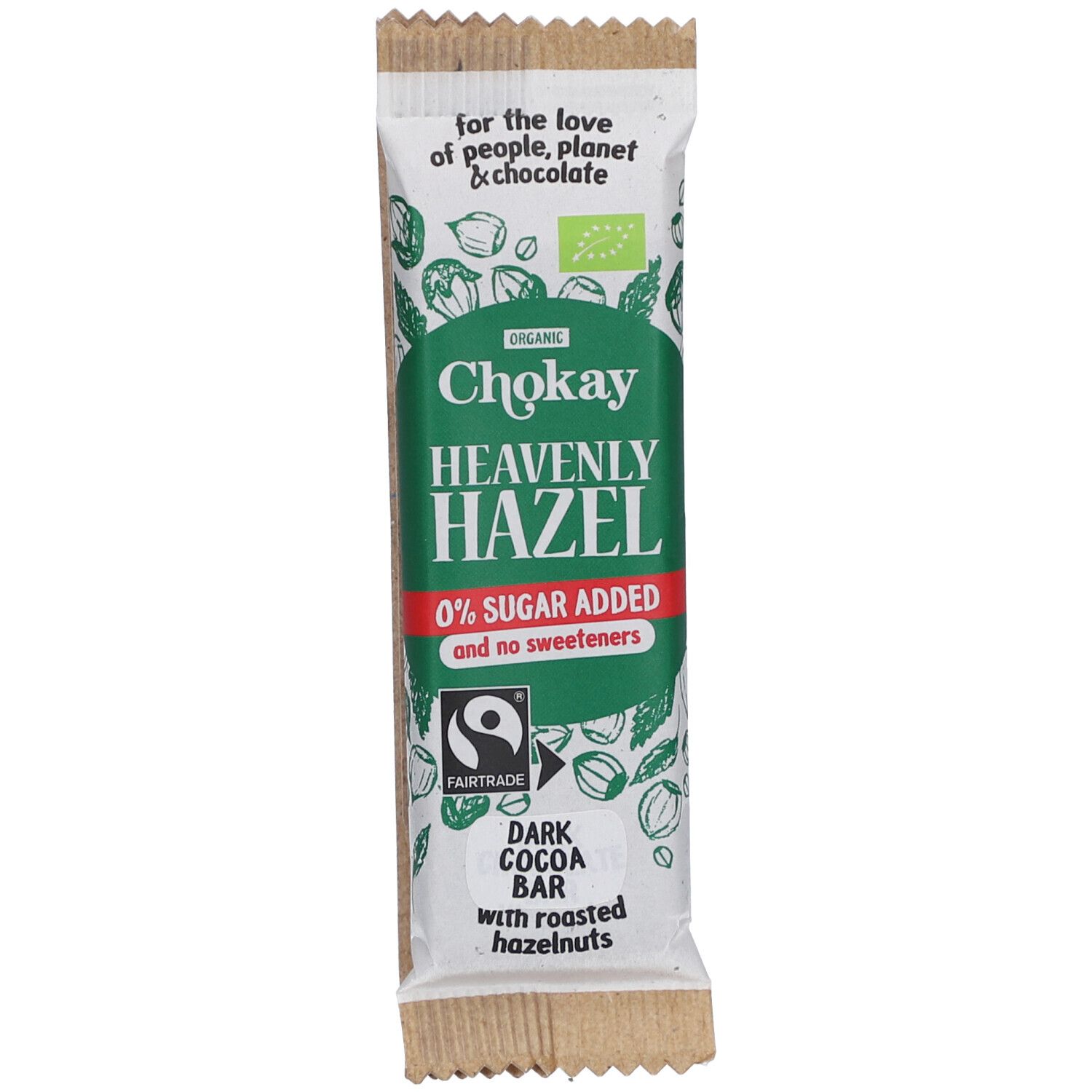 Emballage de barre Chokay Heavenly Hazel. Design vert et blanc avec nom du produit, informations sur les ingrédients et certifications.