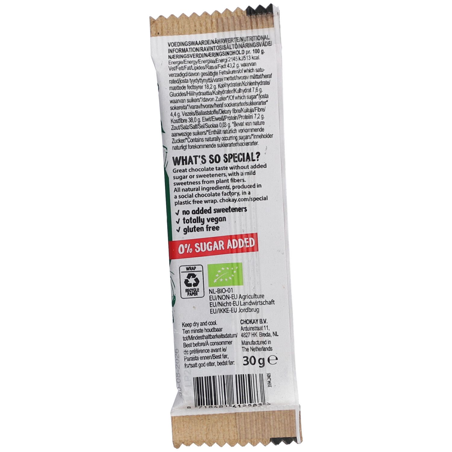 Dos de l'emballage de la barre Chokay Heavenly Hazel. Contient des informations nutritionnelles, du texte sur les ingrédients et les certifications.