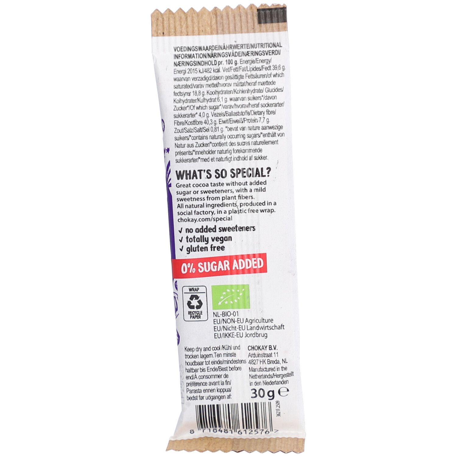 Dos de l'emballage de la barre. Texte: informations nutritionnelles, "What's so special?", "0% de sucre ajouté", label bio, Fairtrade, 30g.