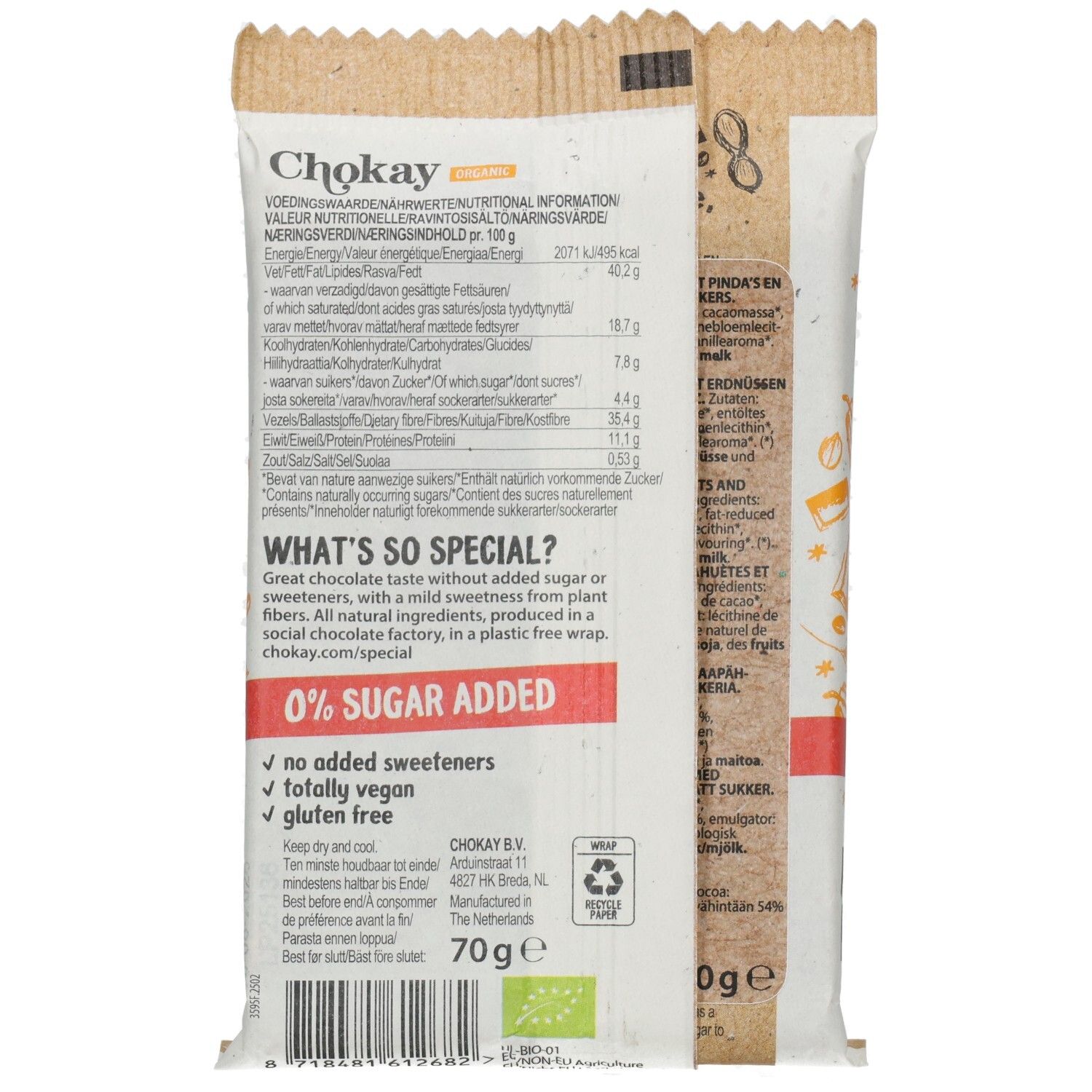 Emballage de barre chocolatée. Dos avec informations nutritionnelles, liste d'ingrédients et certifications. 70g, sans gluten, vegan.