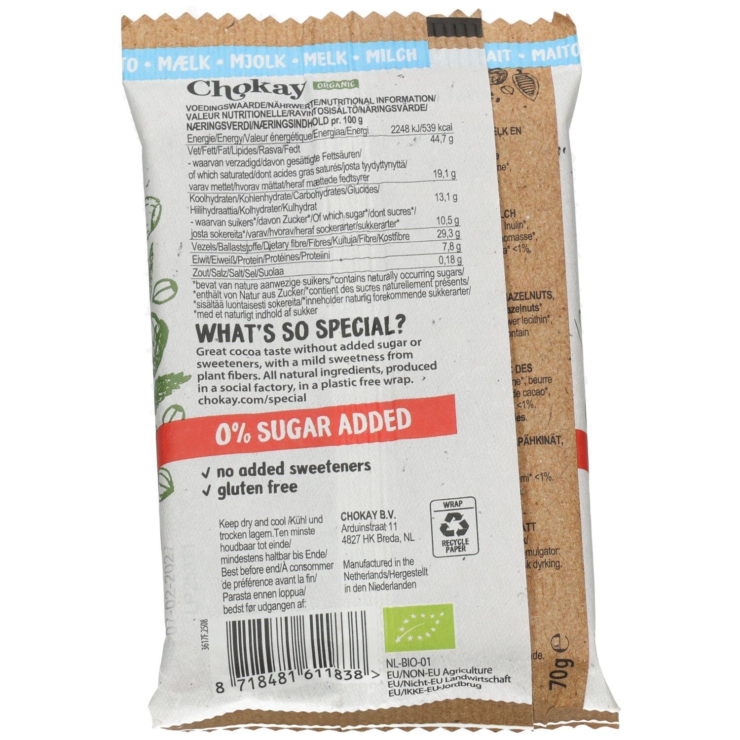 Emballage de la barre Chokay Milky Hazel. Design vert et blanc avec informations produit et logo Fairtrade. 0% de sucre ajouté.