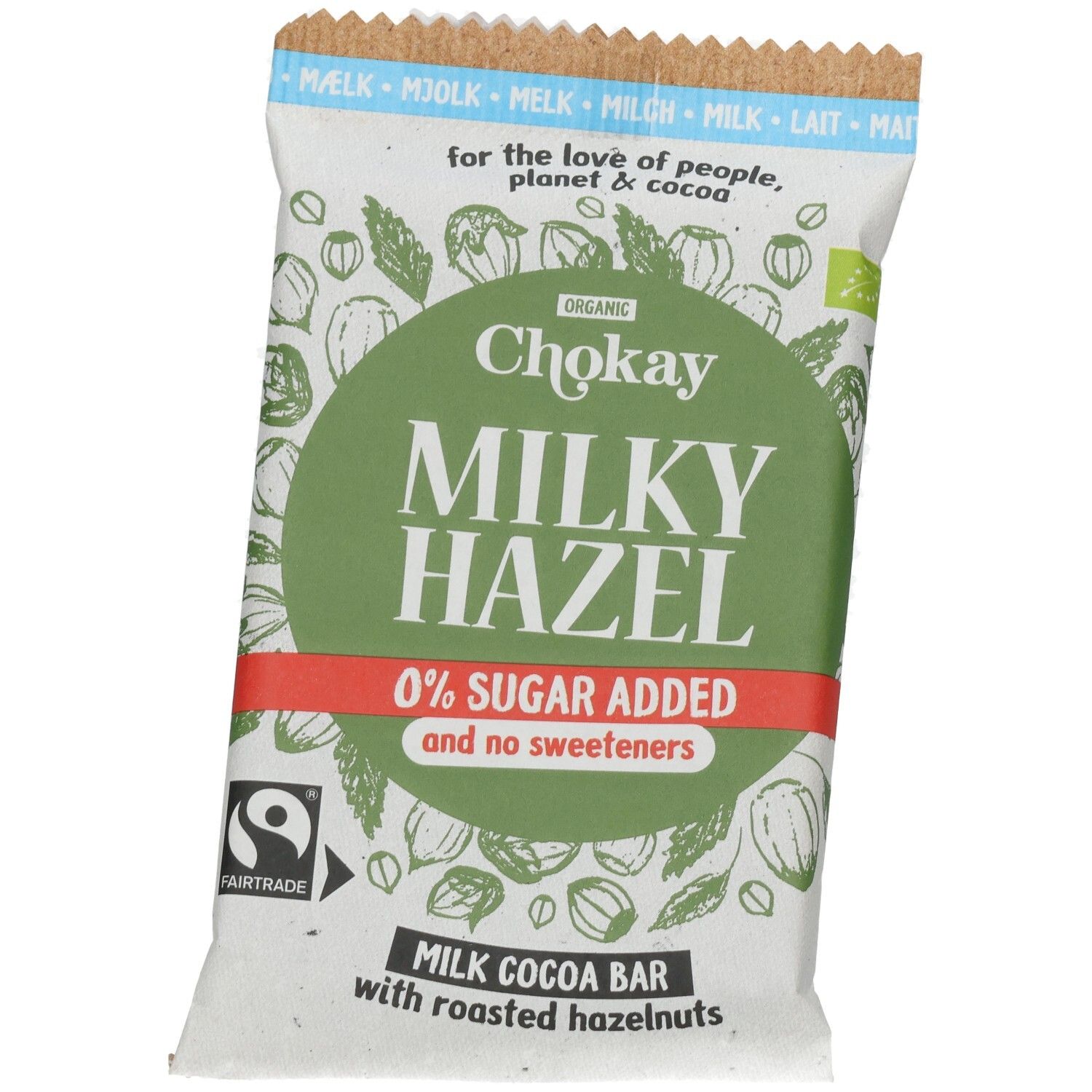 Dos de l'emballage de la barre Chokay Milky Hazel. Contient des informations nutritionnelles, une liste d'ingrédients et le logo Fairtrade. 70g.