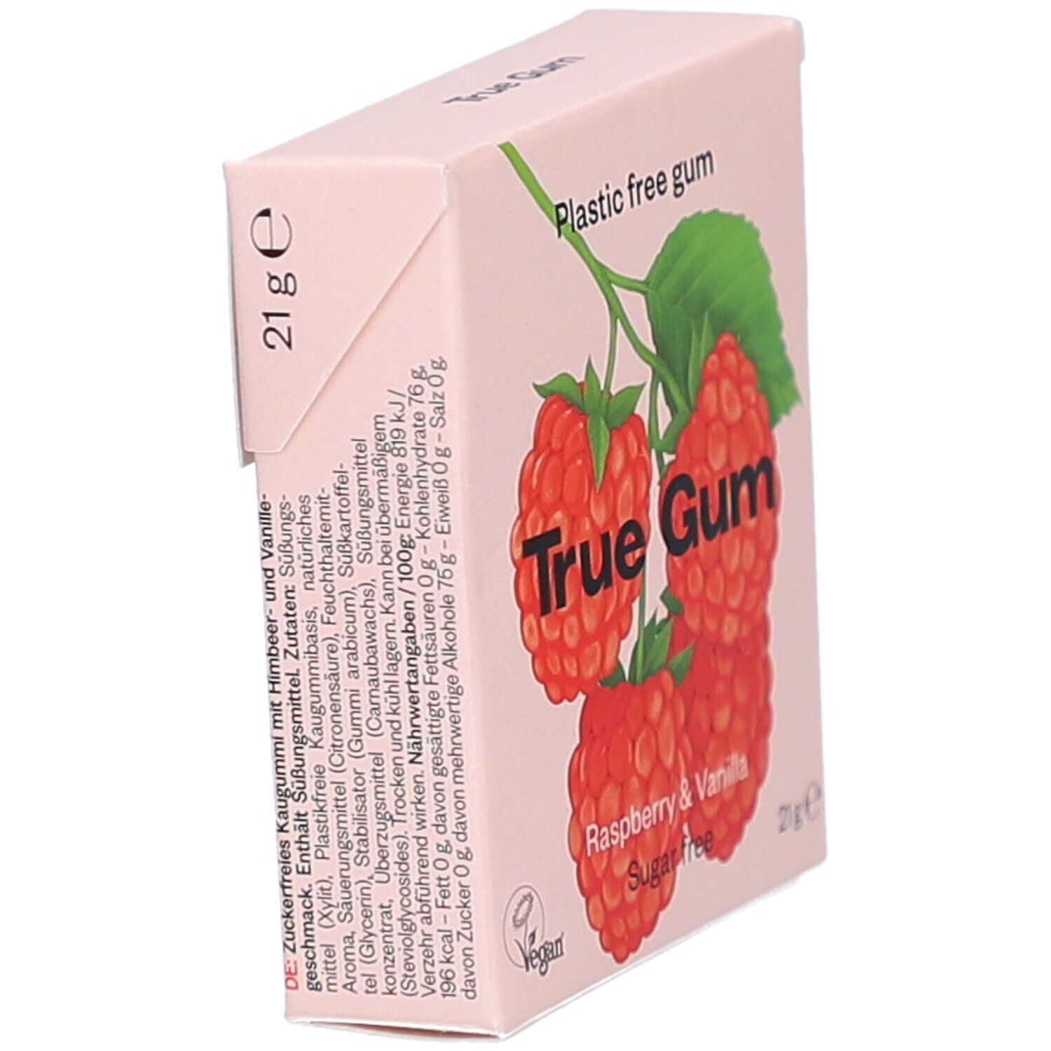 Boîte avec illustration de framboises. Texte: True Gum, framboise & vanille, sans sucre, 21g. Ingrédients en allemand.