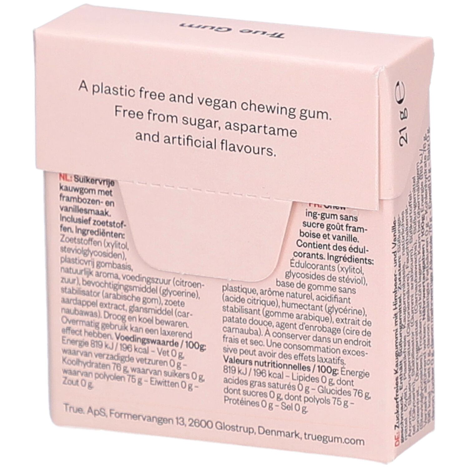 Dos de la boîte. Texte: A plastic free and vegan chewing gum. Free from sugar, aspartame and artificial flavours.