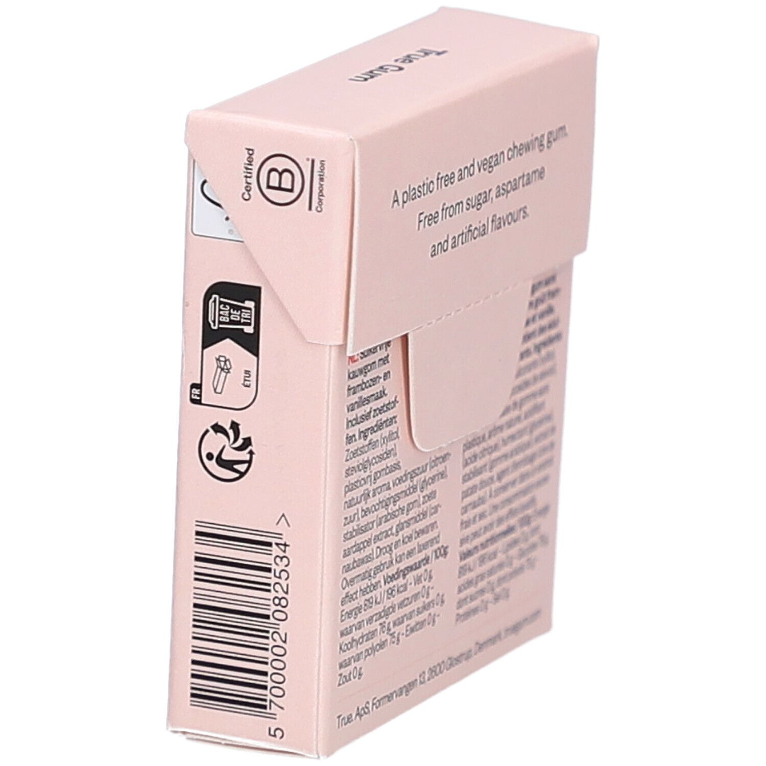 Boîte avec illustration de framboises. Texte: True Gum, framboise & vanille, sans sucre. Certification B Corp.