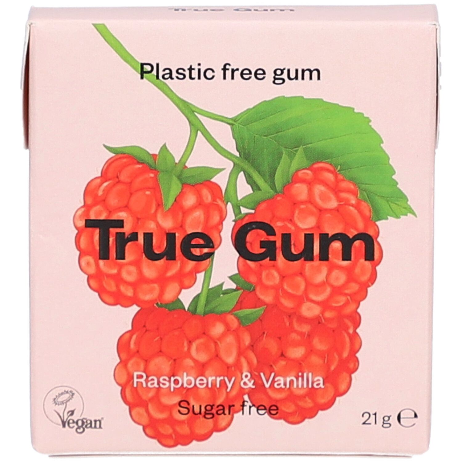 Boîte rose avec illustration de framboises. Texte: True Gum, framboise & vanille, sans sucre, 21g. Logo vegan.