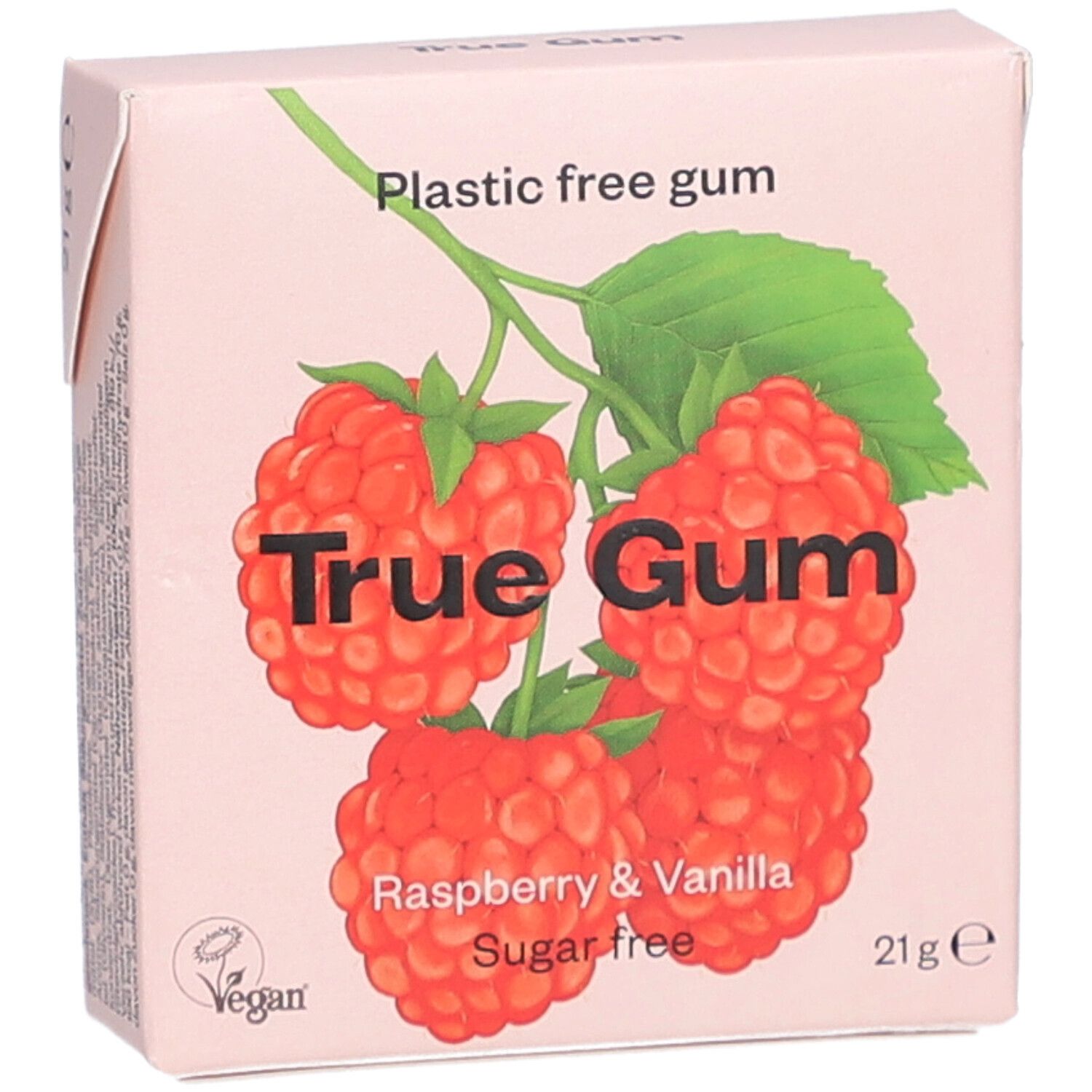 Boîte rose avec illustration de framboises. Texte: True Gum, framboise & vanille, sans sucre, 21g. Logo vegan.