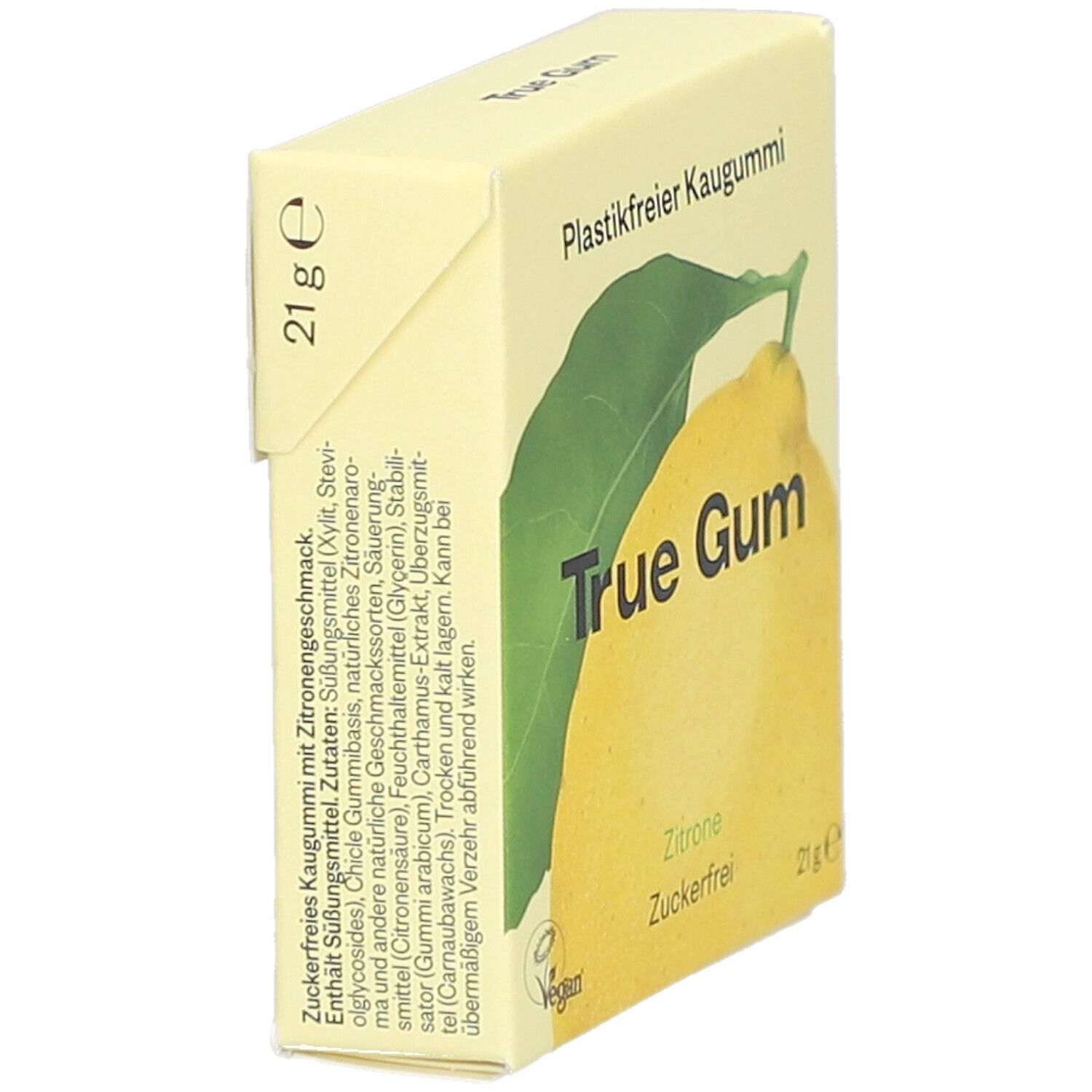 Emballage jaune en biais. Texte: True Gum, Zitrone, Zuckerfrei, 21g. Inscription: Plastikfreier Kaugummi. Liste des ingrédients.
