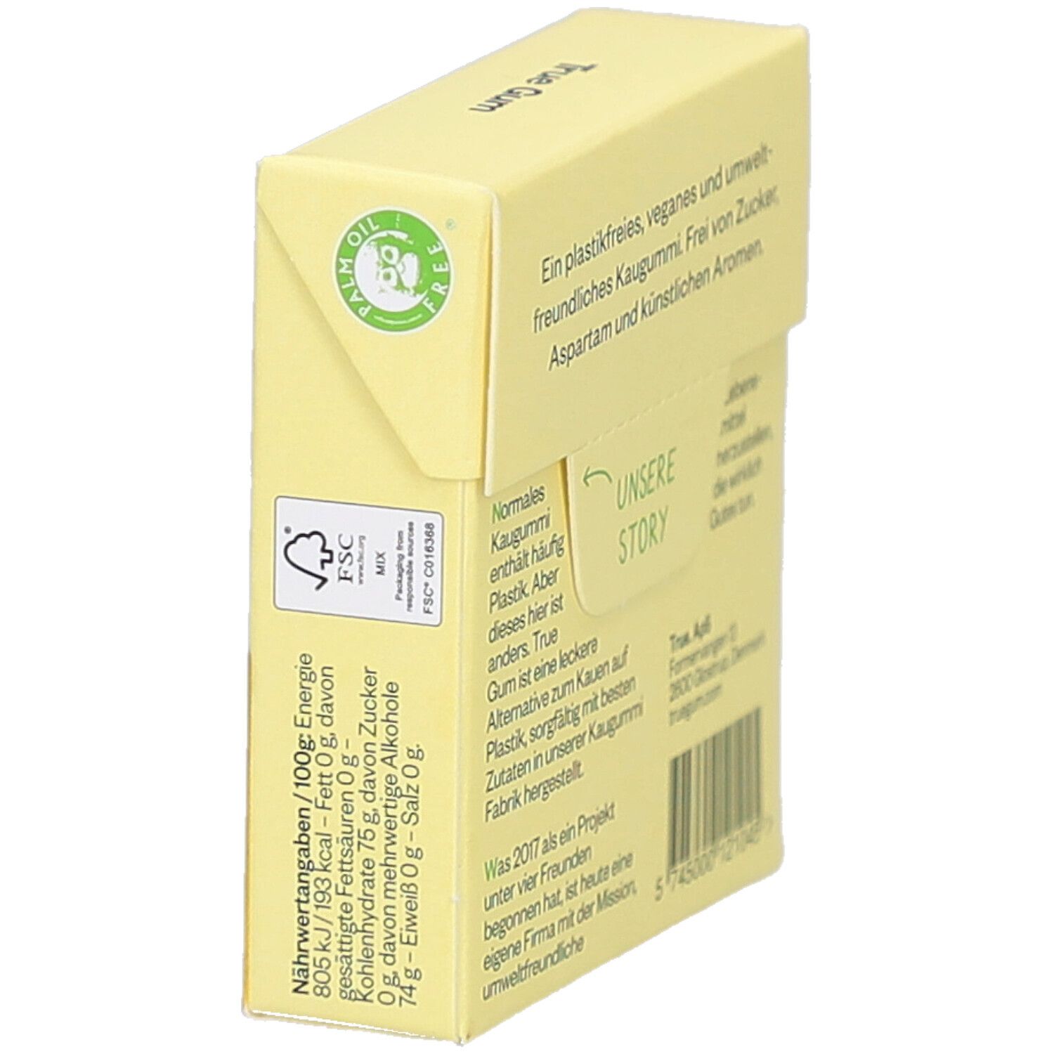 Emballage jaune en biais. Texte: True Gum, Notre histoire, informations nutritionnelles, logo FSC, logo huile de palme. Texte: Un chewing-gum sans plastique.