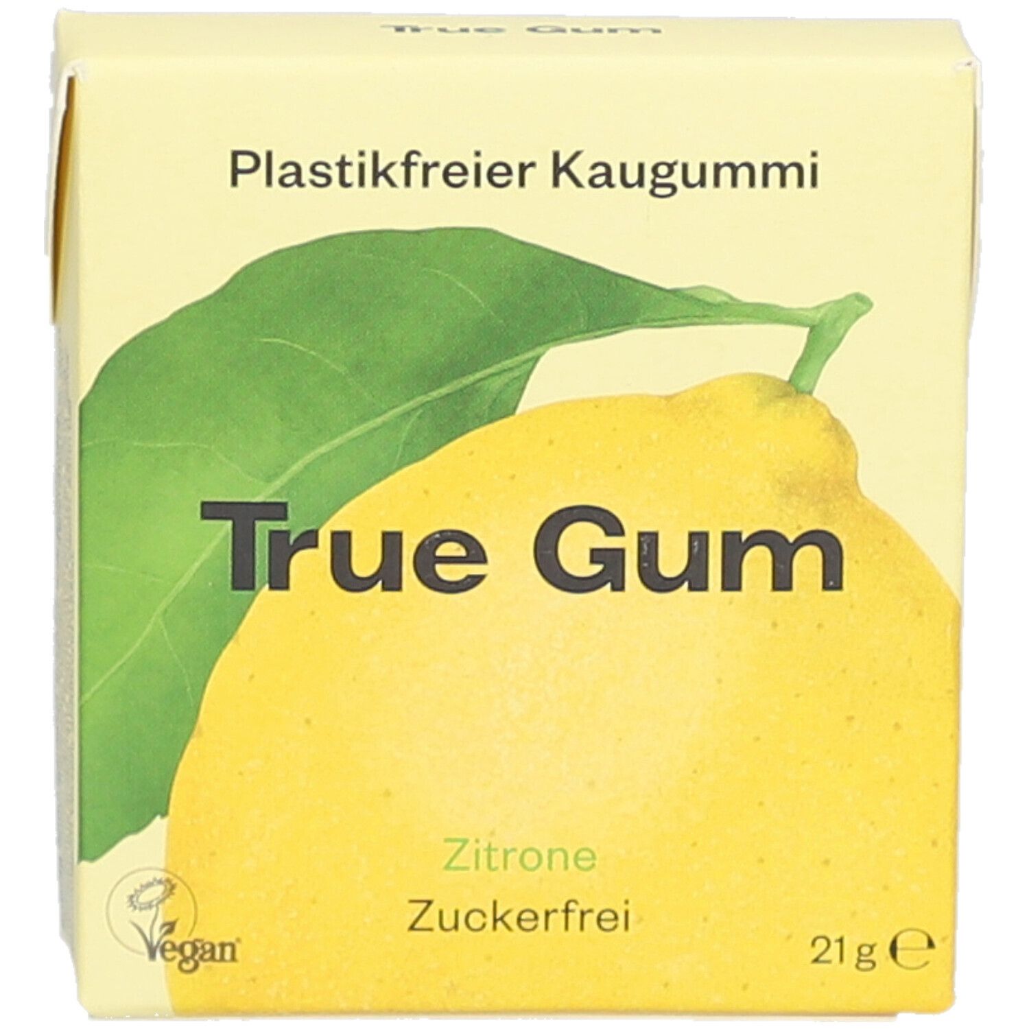 Emballage jaune avec illustration de citron. Texte: True Gum, Zitrone, Zuckerfrei, 21g. Logo vegan. Inscription: Plastikfreier Kaugummi.