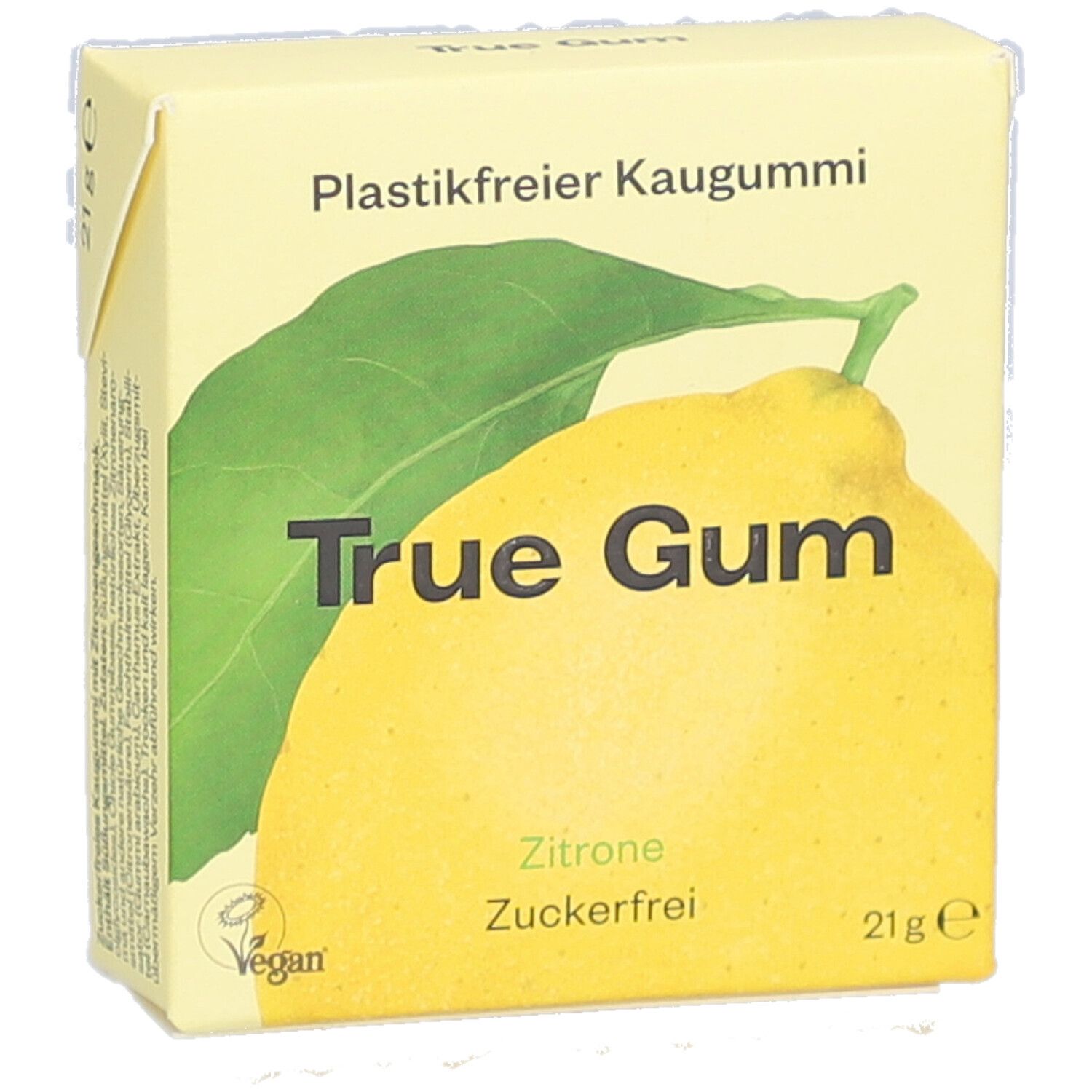 Emballage jaune avec illustration de citron. Texte: True Gum, Zitrone, Zuckerfrei, 21g. Logo vegan. Inscription: Plastikfreier Kaugummi.