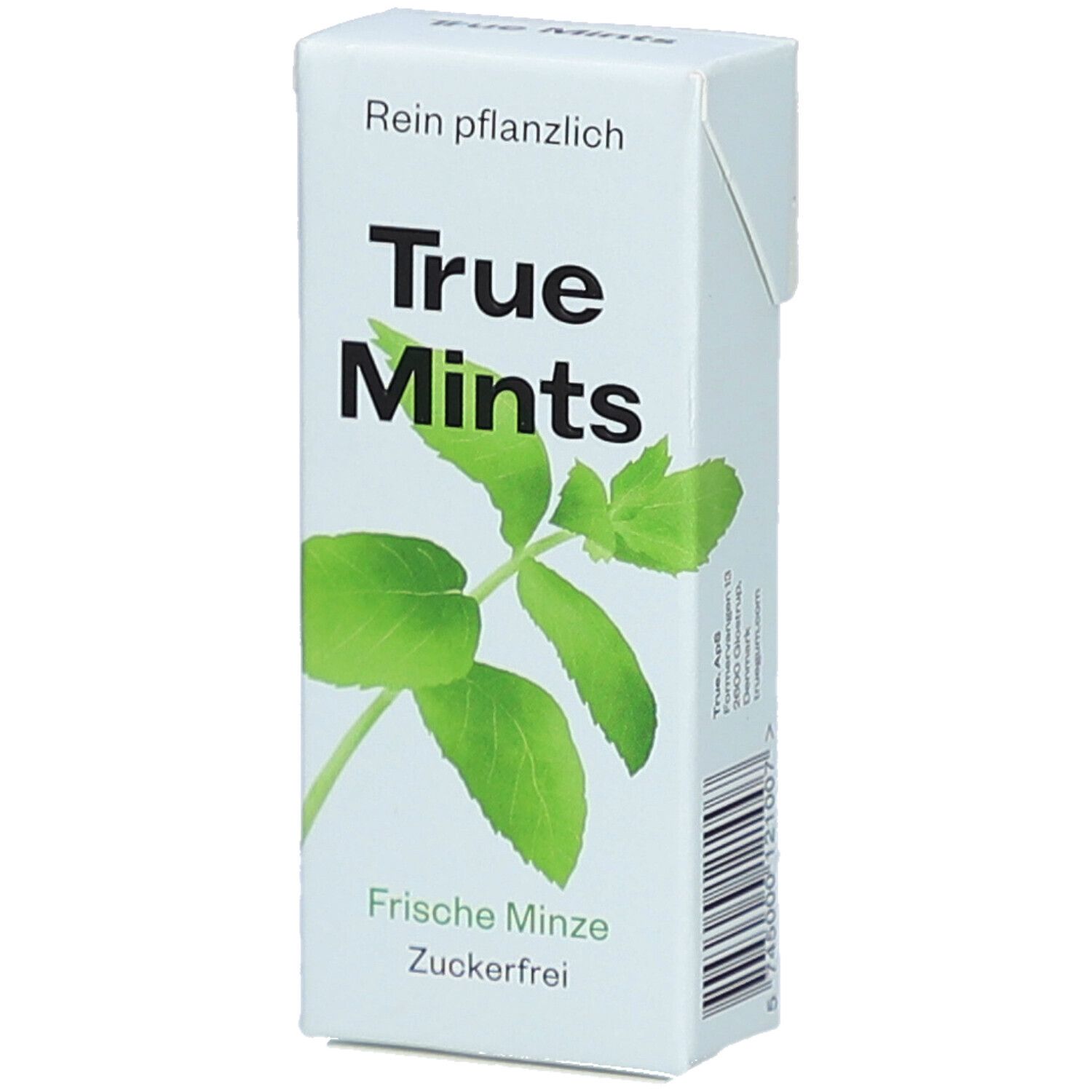 Weißer Karton mit True Mints-Logo und Minzblatt-Illustration. Text: Frische Minze, zuckerfrei.