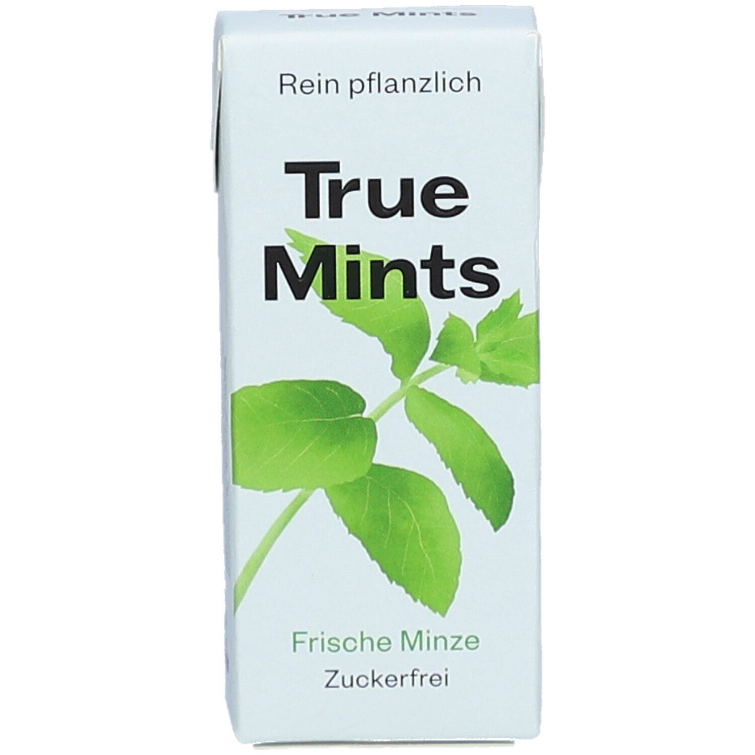 Weißer Karton mit True Mints-Logo und Minzblatt-Illustration. Text: Frische Minze, zuckerfrei.