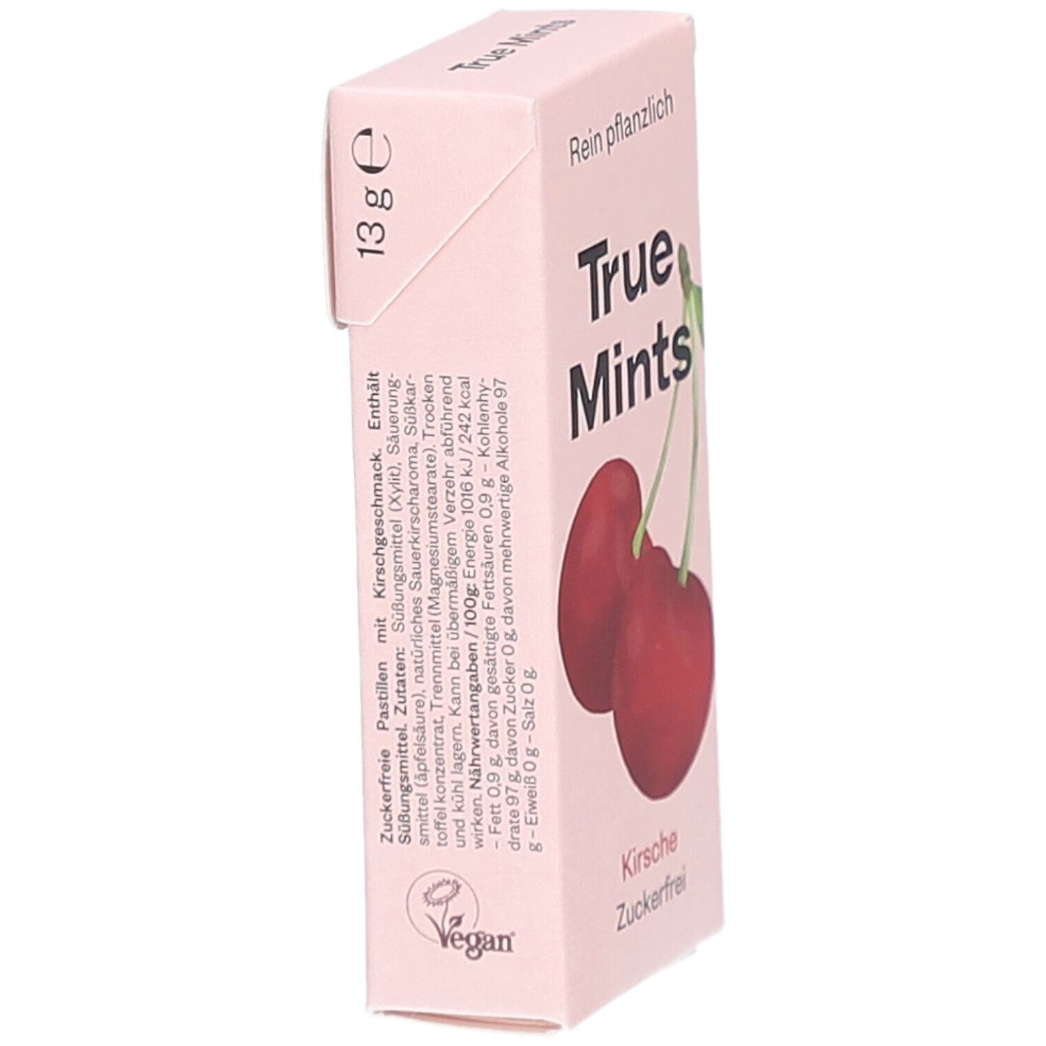 Emballage rose avec texte et illustration de cerises. Texte : True Mints, Kirsche, sans sucre. En haut : Purement végétal. 13 g e.