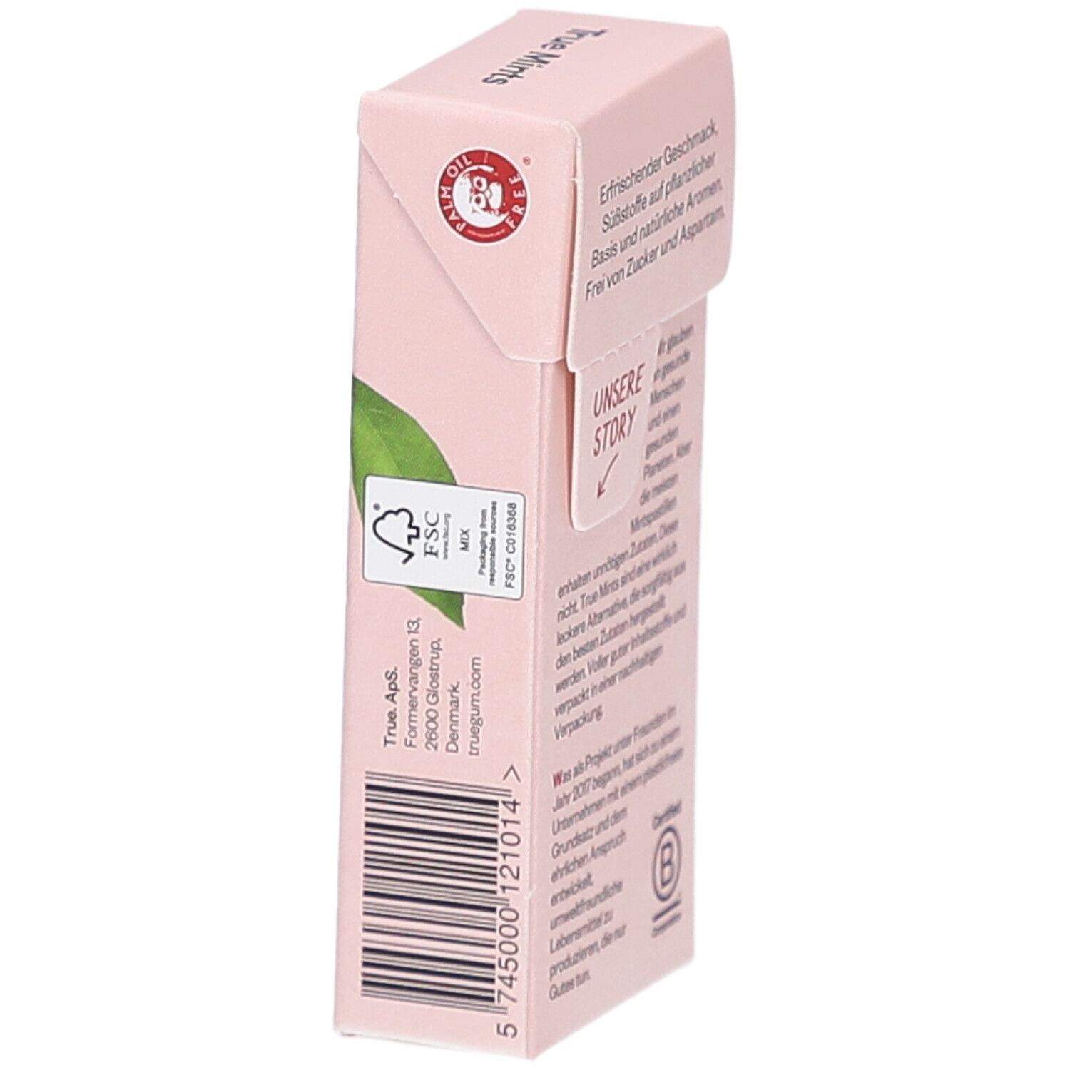 Côté de l'emballage rose avec texte et label FSC. Texte : True Mints, adresse. Code-barres. En haut : Purement végétal.