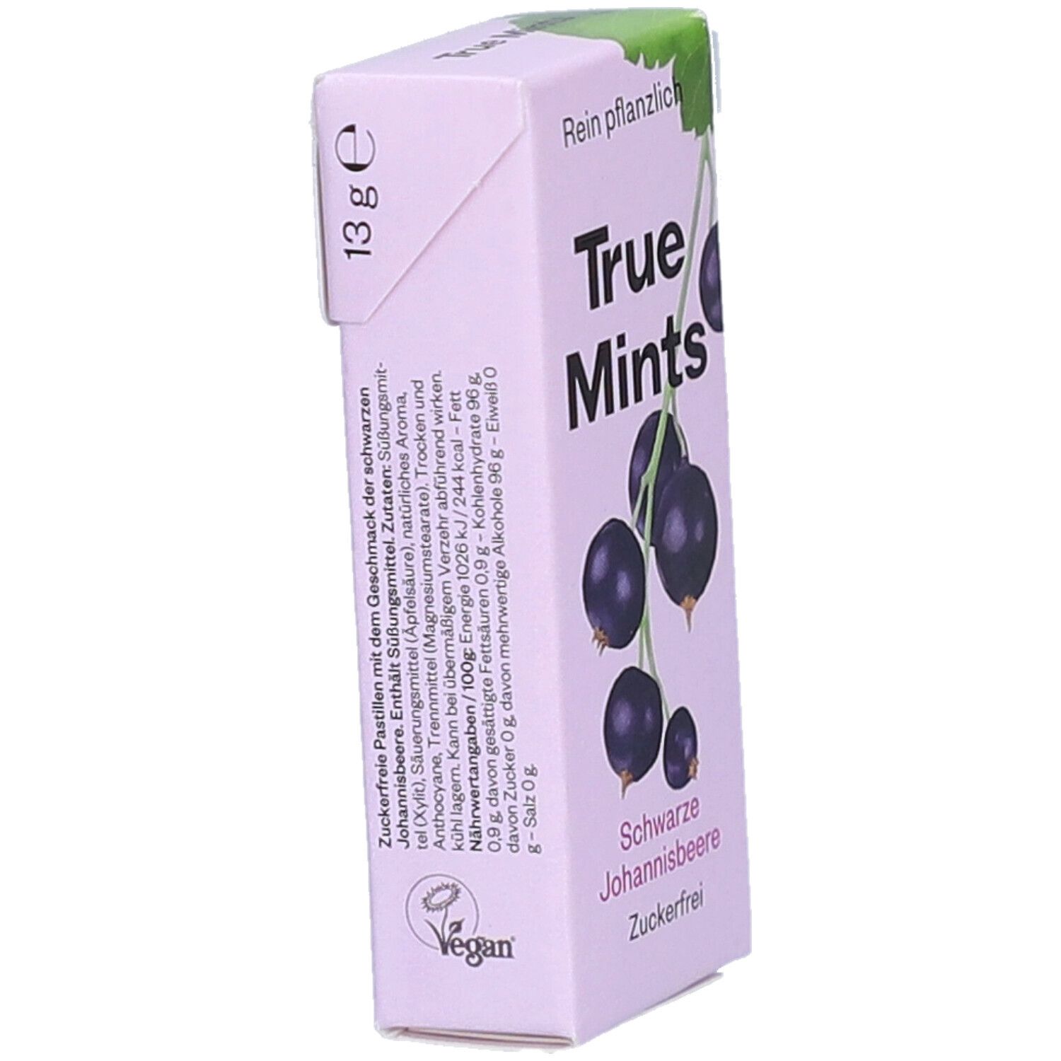 Emballage True Mints, cassis. Texte : 13g, vegan. Informations nutritionnelles. Illustration de cassis.