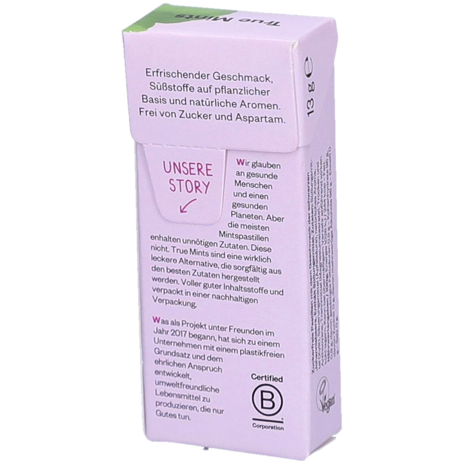 Emballage True Mints. Texte : Goût rafraîchissant, édulcorants à base de plantes, sans sucre ni aspartame. Certification B Corp.