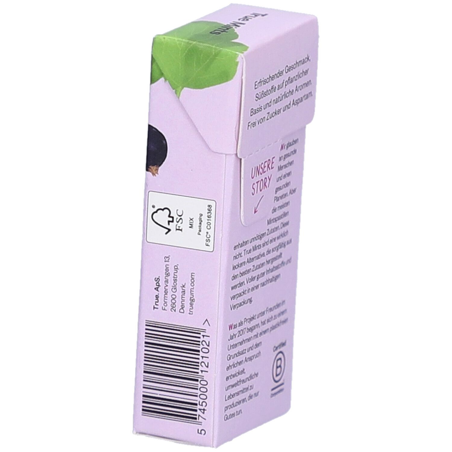 Emballage True Mints. Texte : FSC Mix, adresse. Code-barres. Illustration de cassis.