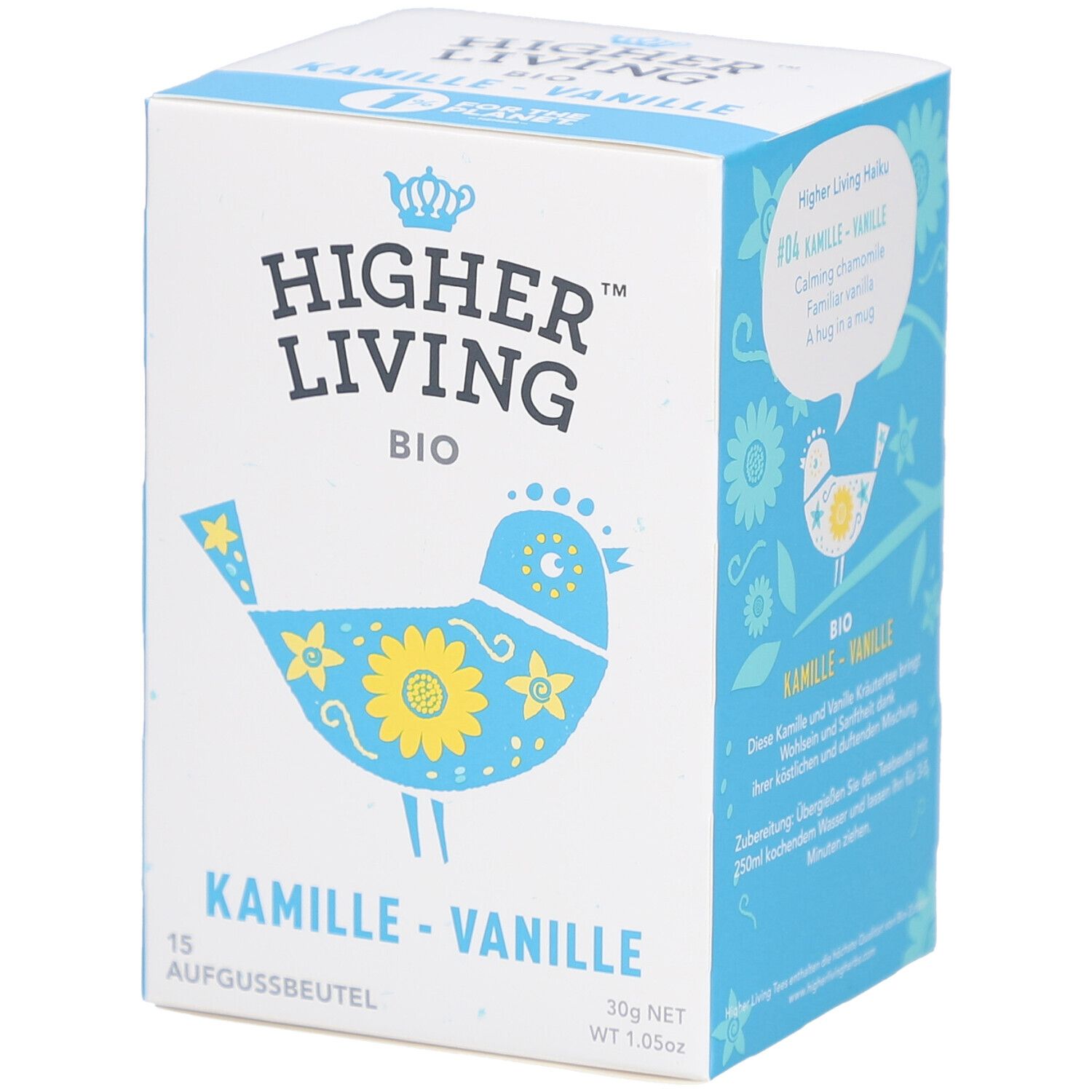 Boîte blanche et bleue avec logo "Higher Living BIO" et illustration d'oiseau. Nom du produit : Camomille-Vanille. 15 sachets.