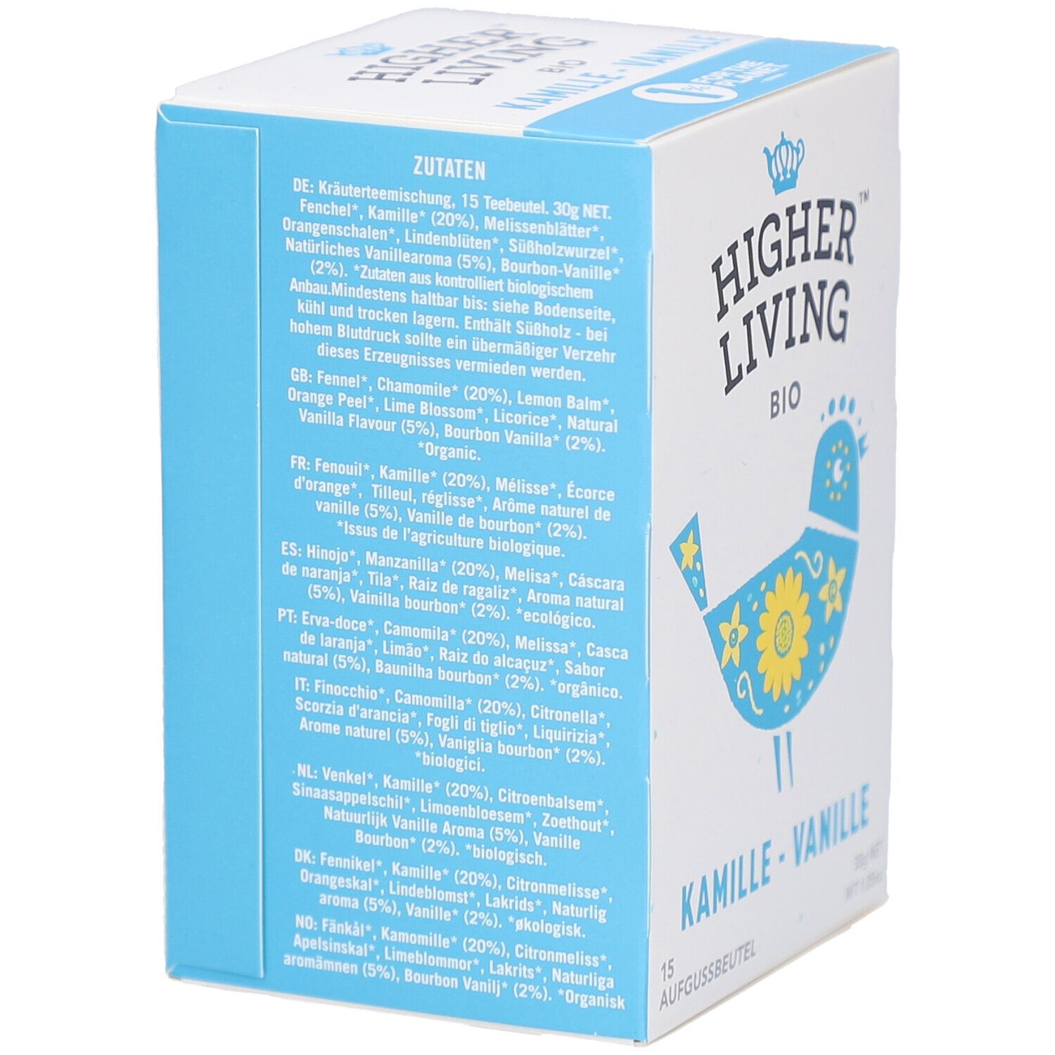 Dos de la boîte avec liste des ingrédients en plusieurs langues. Contient camomille, fenouil, vanille. 15 sachets, 30g.
