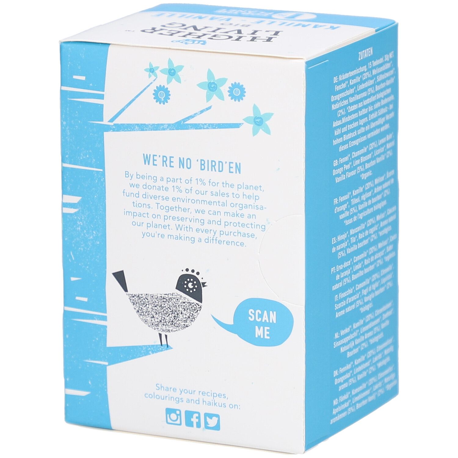 Côté bleu de la boîte avec texte : "WE'RE NO BIRD'en". Contient des informations sur les organisations environnementales et un QR code.