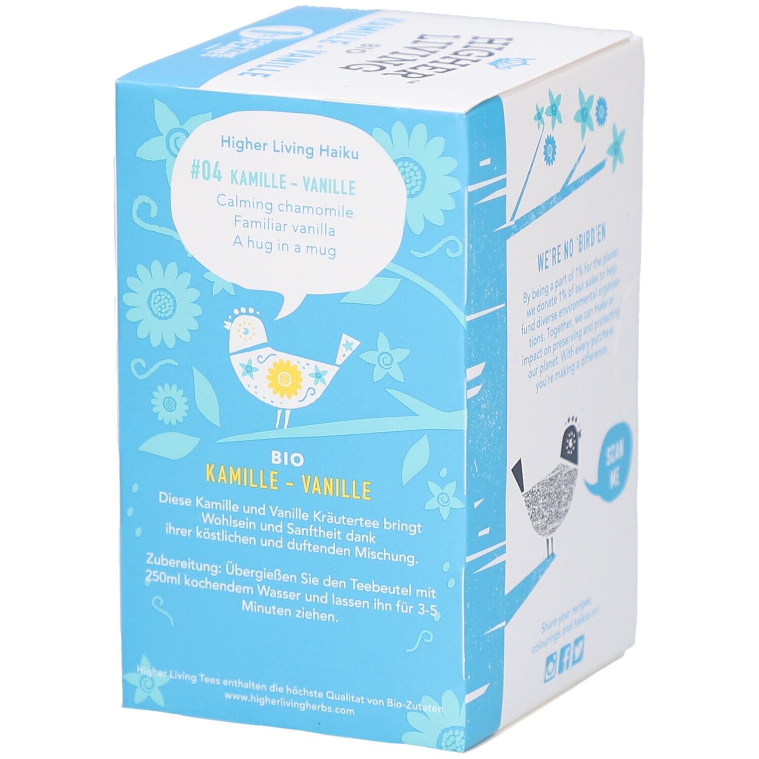 Côté bleu de la boîte avec texte : "Higher Living Haiku #04 Camomille-Vanille". Contient des instructions de préparation et une illustration d'oiseau.