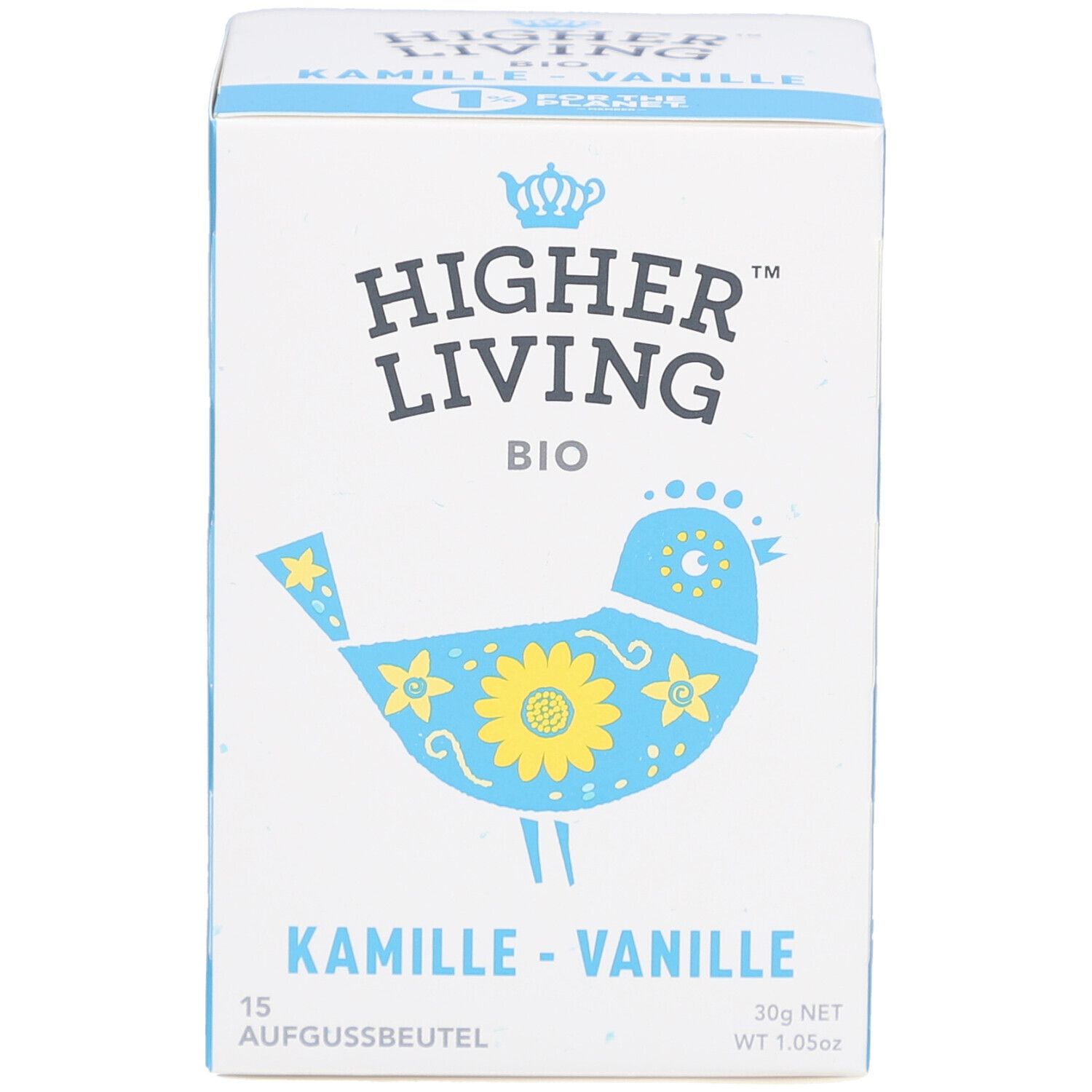 Face avant de la boîte avec logo "Higher Living BIO" et illustration d'oiseau. Nom du produit : Camomille-Vanille. 15 sachets.