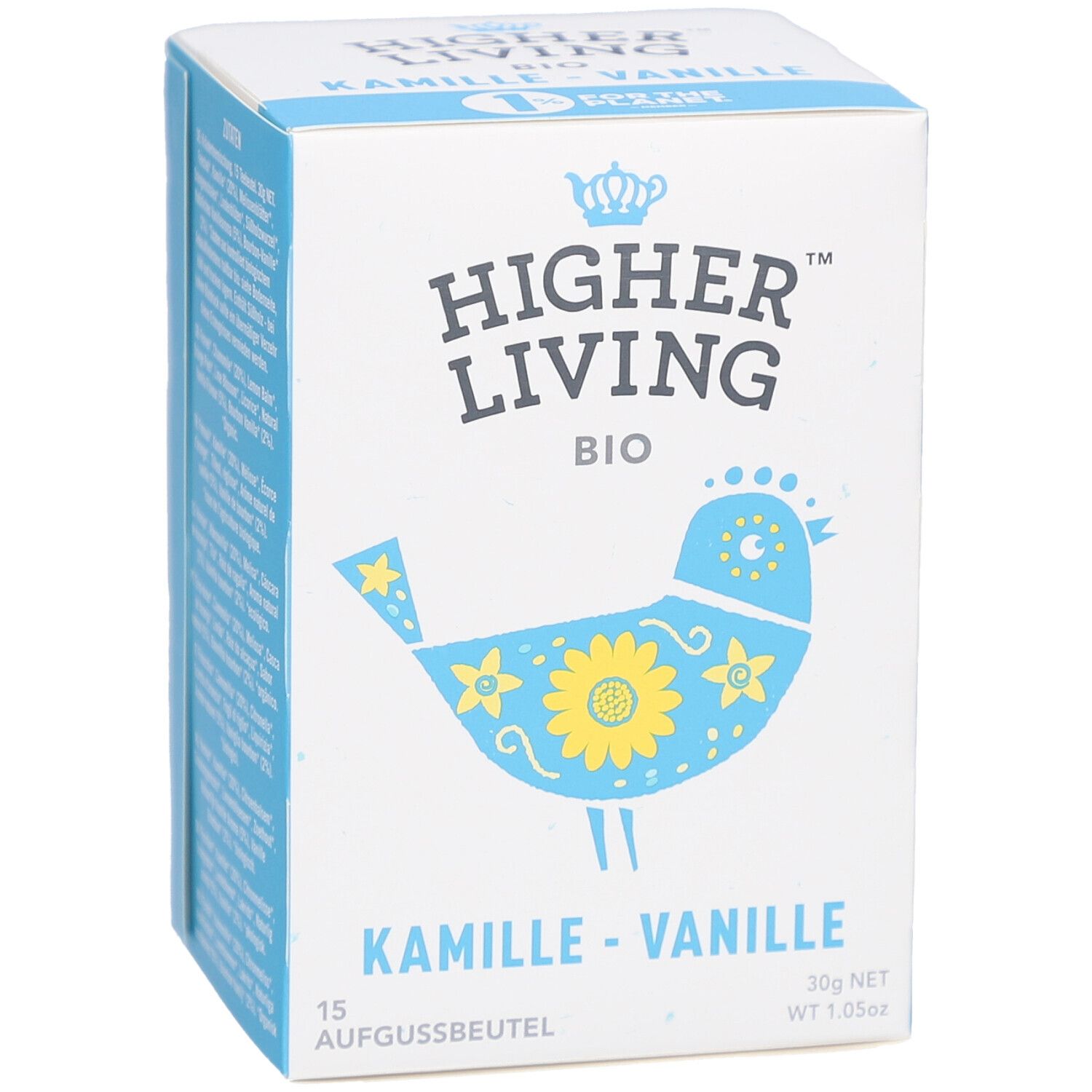 Face avant de la boîte avec logo "Higher Living BIO" et illustration d'oiseau. Nom du produit : Camomille-Vanille. 15 sachets.