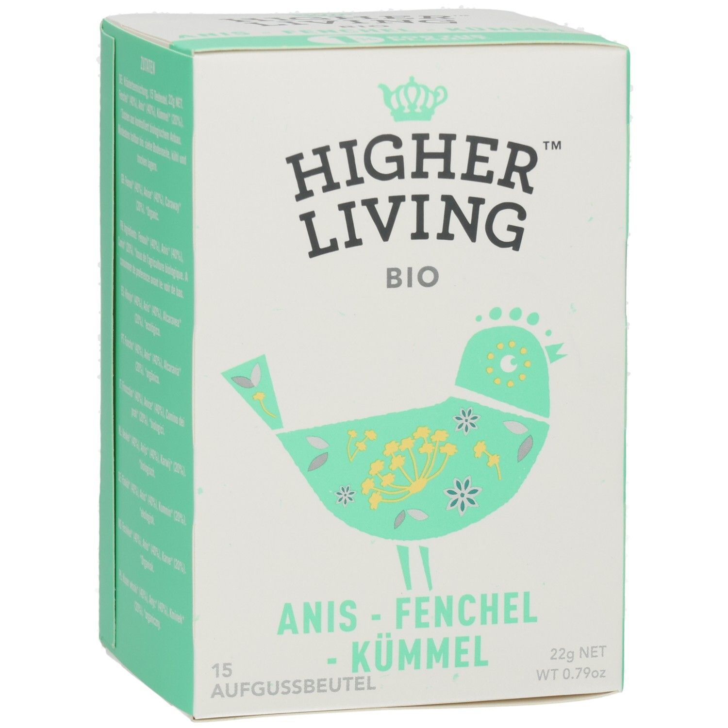 Karton mit Aufdruck. Marke: Higher Living. Produkt: Anis-Fenchel-Kümmel. Grün-weißes Design mit Vogel-Illustration. 15 Aufgussbeutel.