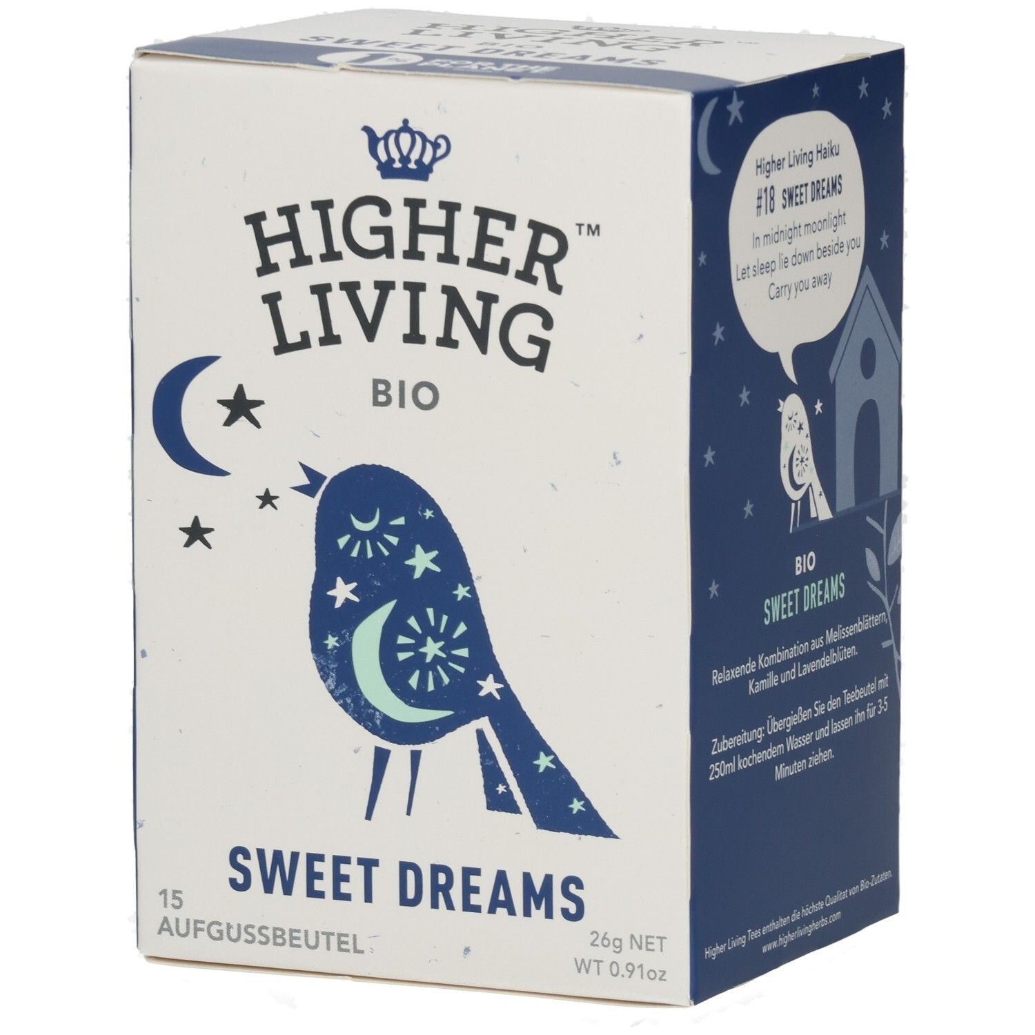 Boîte avec impression. Logo: Higher Living BIO. Motif: oiseau avec lune et étoiles. Texte: Sweet Dreams. 15 sachets.