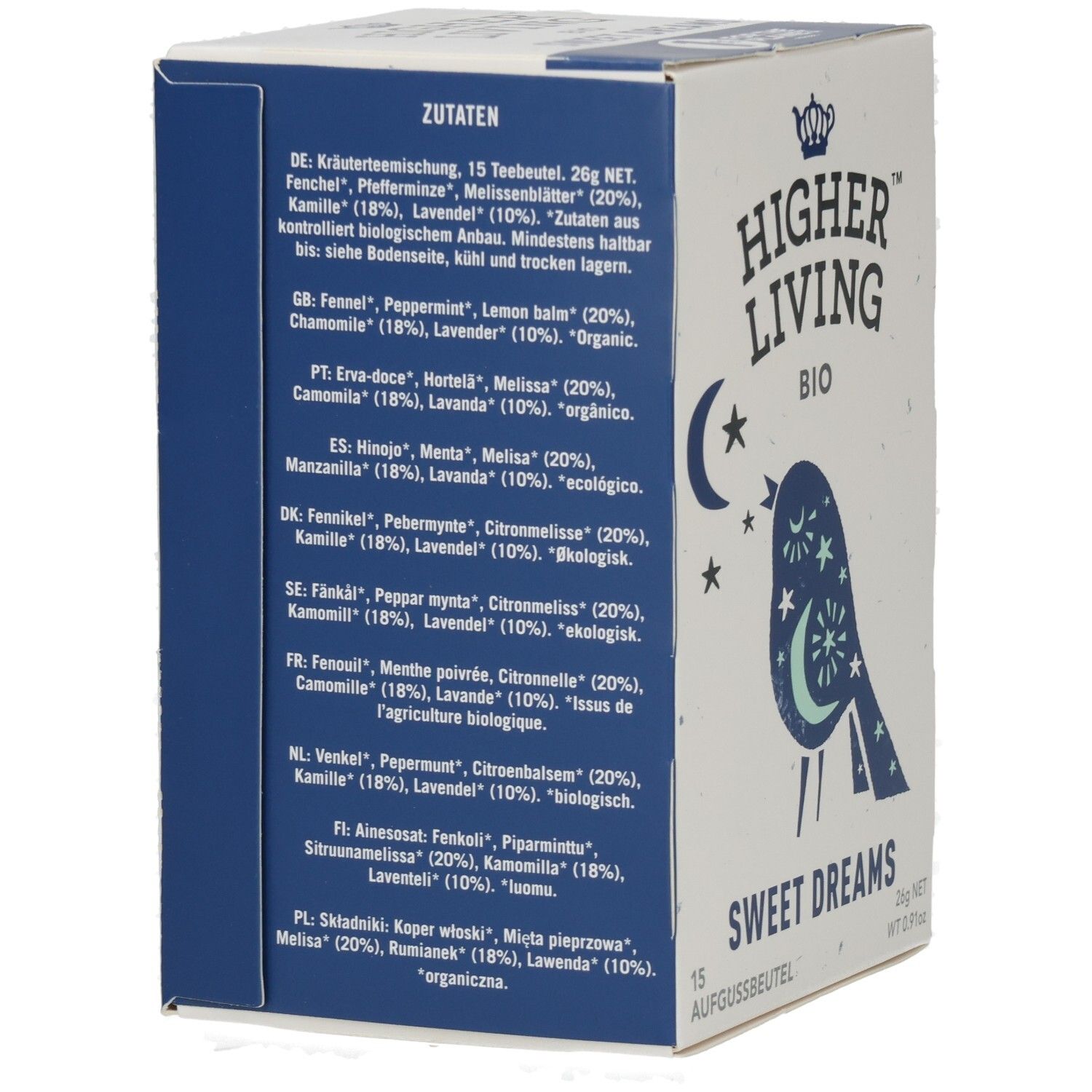 Boîte avec liste d'ingrédients. Logo: Higher Living BIO. Texte: Sweet Dreams. Liste des ingrédients en plusieurs langues.