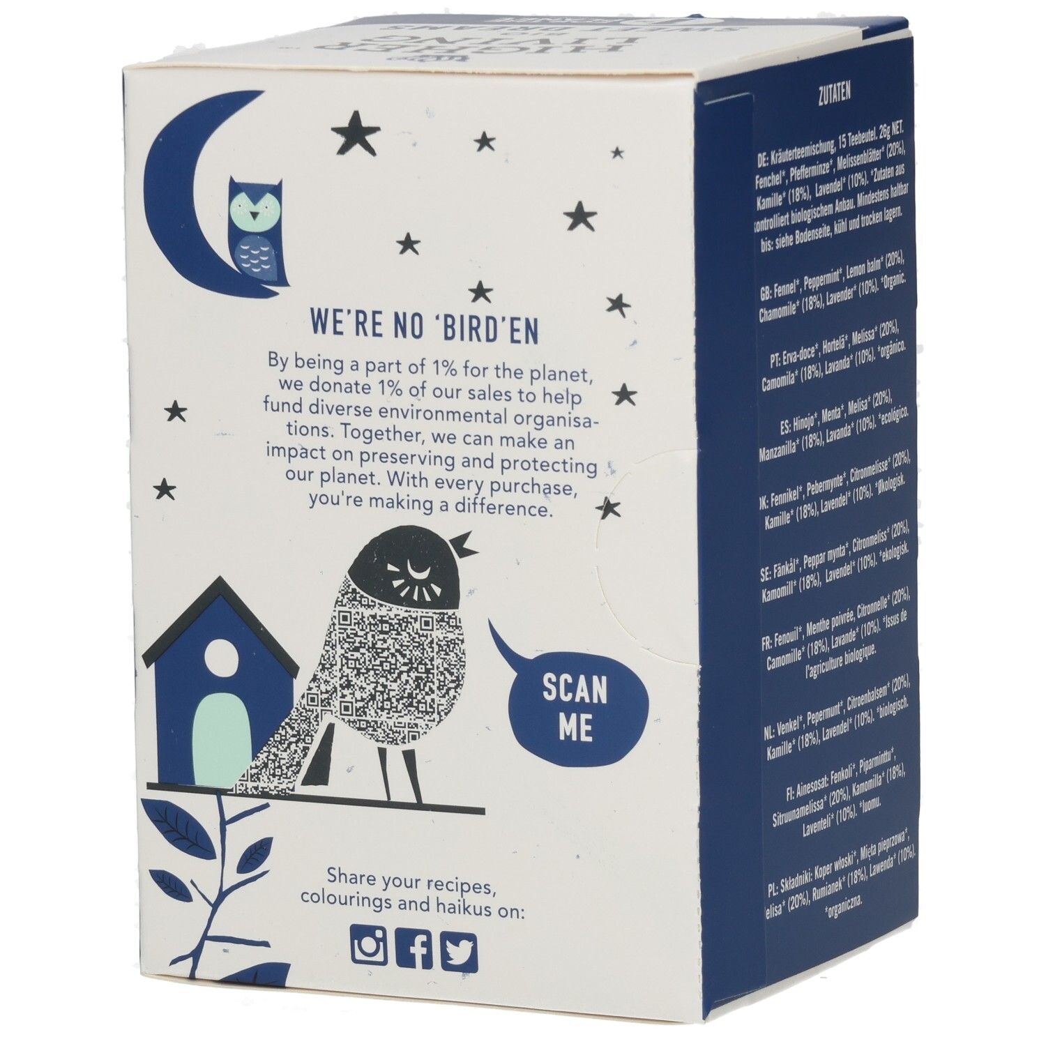 Boîte avec texte et illustration. Texte: We're no bird'en. Motif: oiseau avec QR code. Logo: Higher Living BIO. Texte: Scan Me.