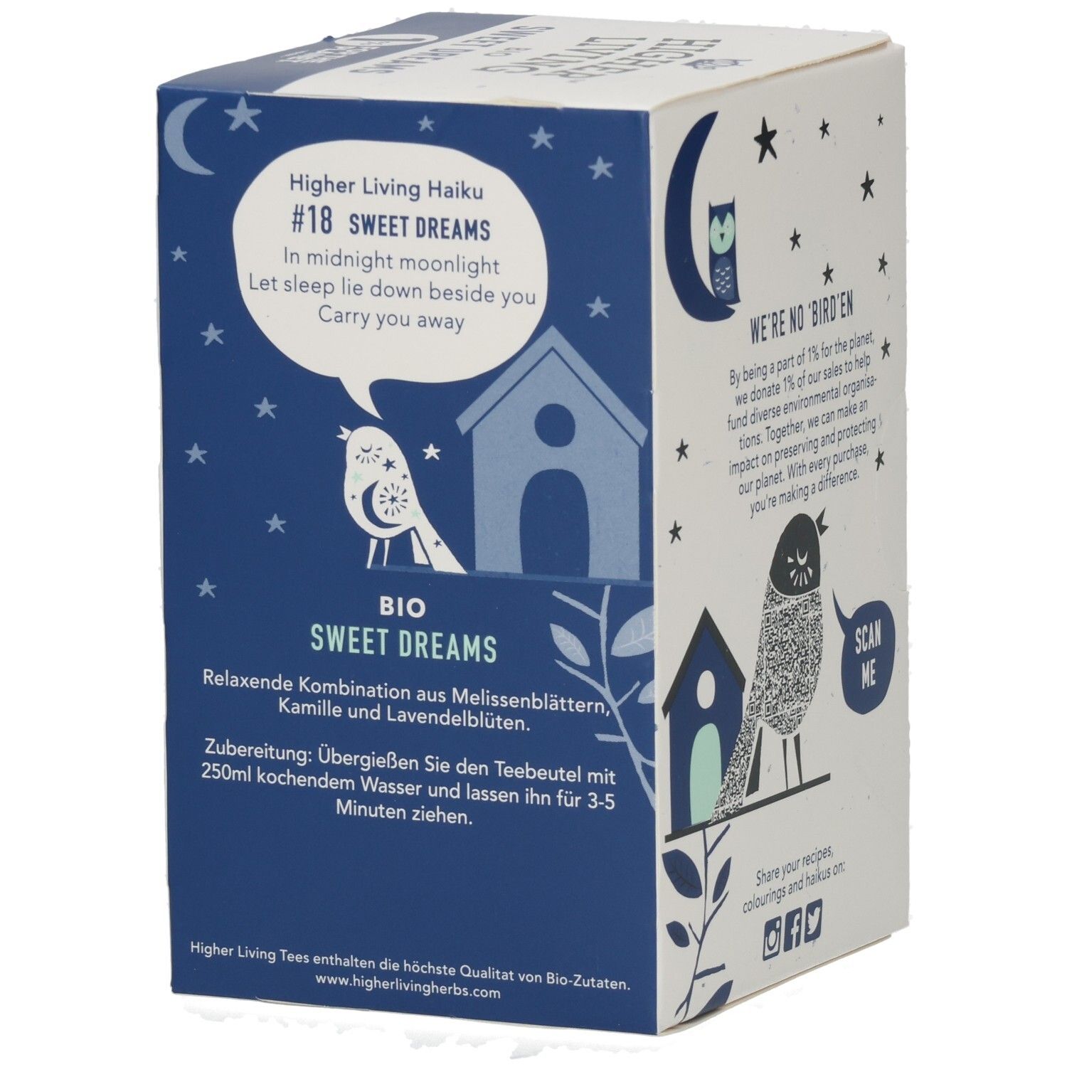 Boîte avec texte et illustration. Texte: Higher Living Haiku #18 Sweet Dreams. Motif: oiseau avec lune et étoiles. Logo: BIO Sweet Dreams.