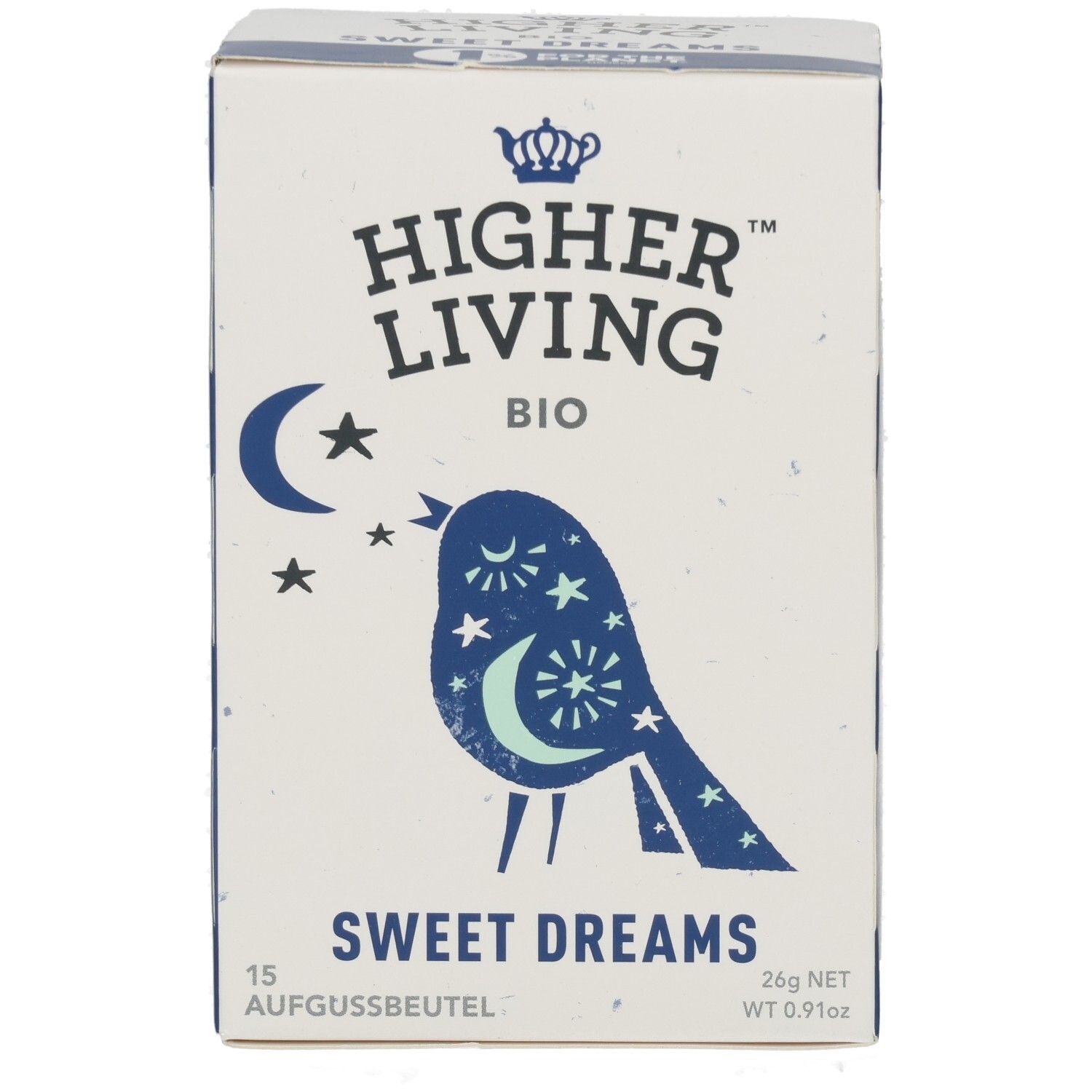 Boîte avec logo: Higher Living BIO. Motif: oiseau avec lune et étoiles. Texte: Sweet Dreams. 15 sachets. 26g NET.